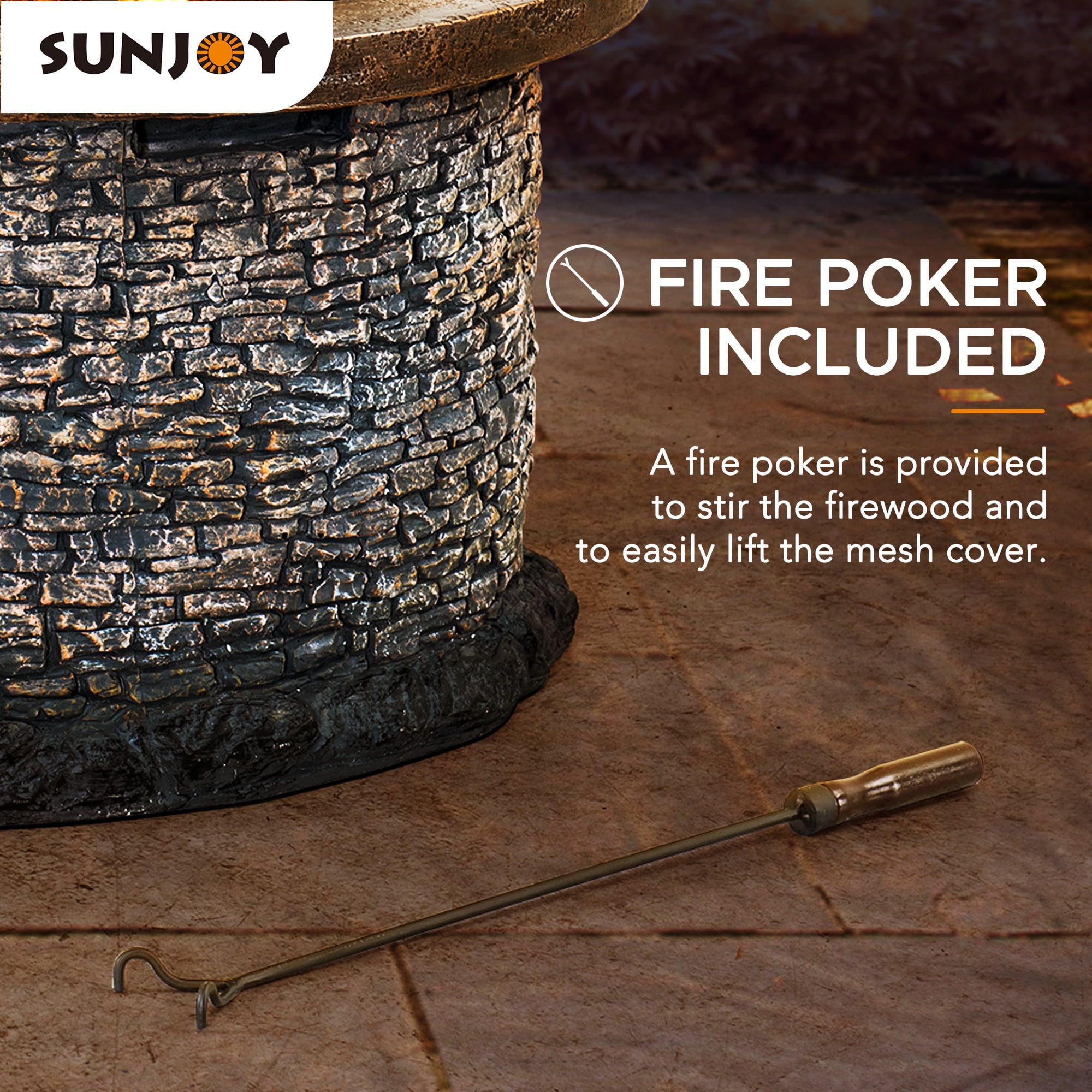 Sunjoy 32 in. Fire Pit for Outside, Outdoor Stone Wood Burning Firepits with Steel Mesh Spark Screen and Fire Poker, Large Bonfire for Patio and Backyard - Image 5