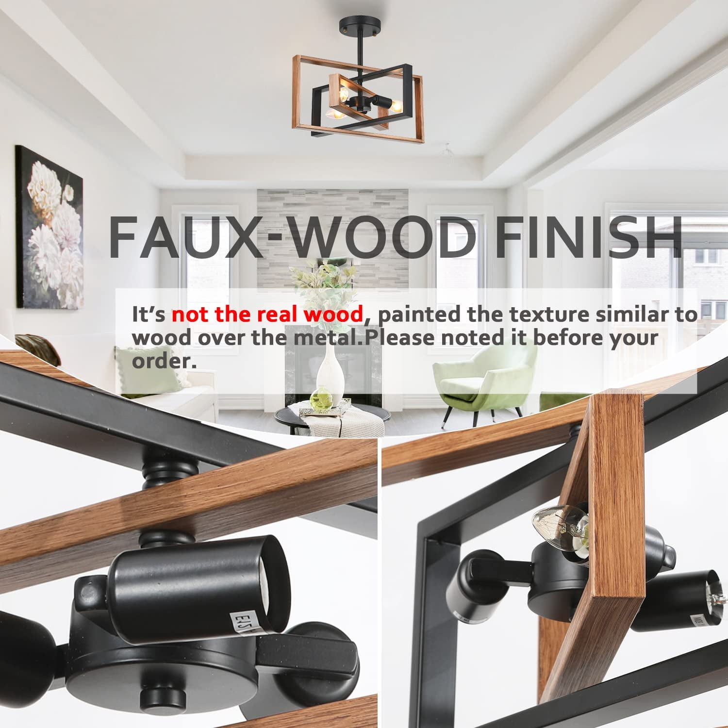 Capslpad Rustic Retro Rectangle Semi Flush Ceiling Light Industrial Farmhouse Rotatable Flush Mount Ceiling Light Fixture for Kitchen Hallway Dining Room Living Room Entryway (Faux-Wood) - Image 7