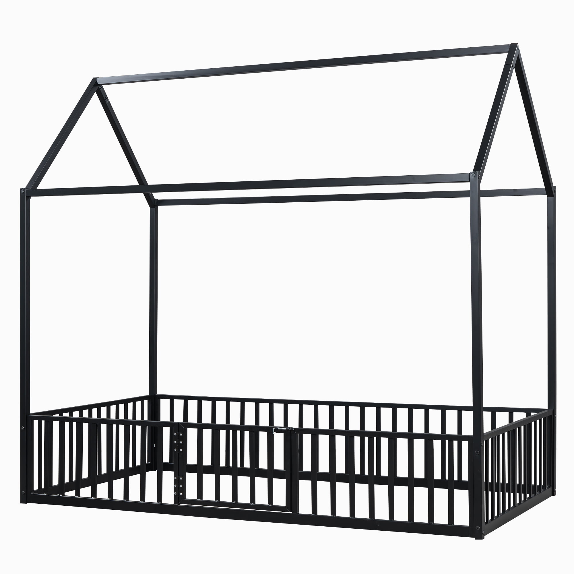 Euroco Metal Twin Size House Bed Frame, Low Profile Canopy Bed with Fence and Door for Kids, Black - Image 14