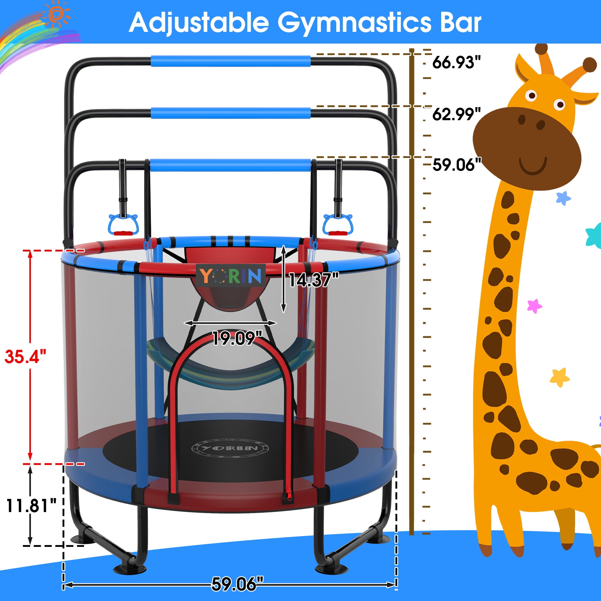 YORIN Trampoline for Kids, 60" 55" 66" Toddler Mini Trampoline with Enclosure Net, Basketball Hoop, 5FT Indoor/Outdoor Kids Trampoline with Swing, Adjustable Gymnastics Bars, Gifts for Kids, 600LBS - Image 5