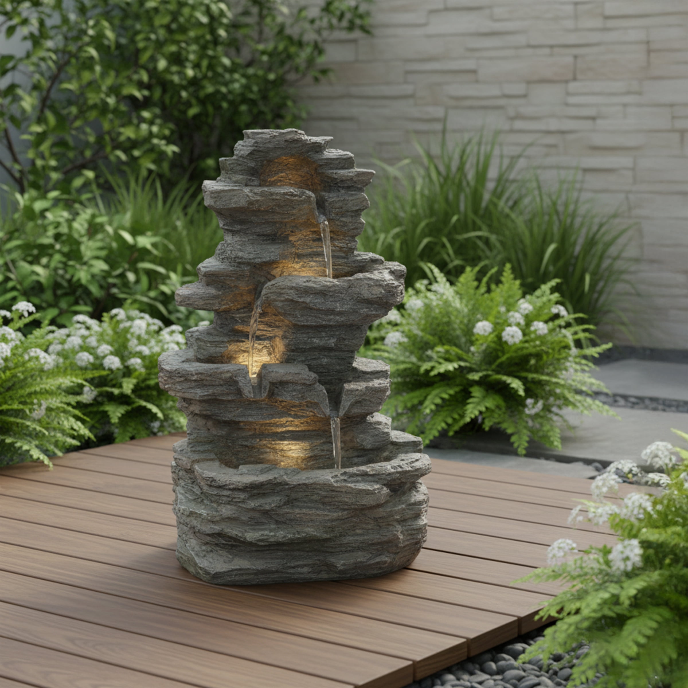 Pure Garden Indoor Electric Tabletop Waterfall Fountain with LED Lights - Resin 4-Tiered Stones, Grey - Image 5