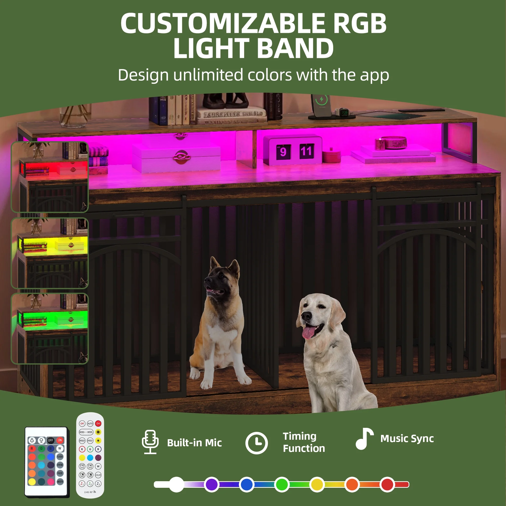 Uforic 71-Inch Heavy Duty Dog Crate TV Stand with LED Light, Power Outlets, and Storage Shelves for Medium to Large Dogs - Image 4