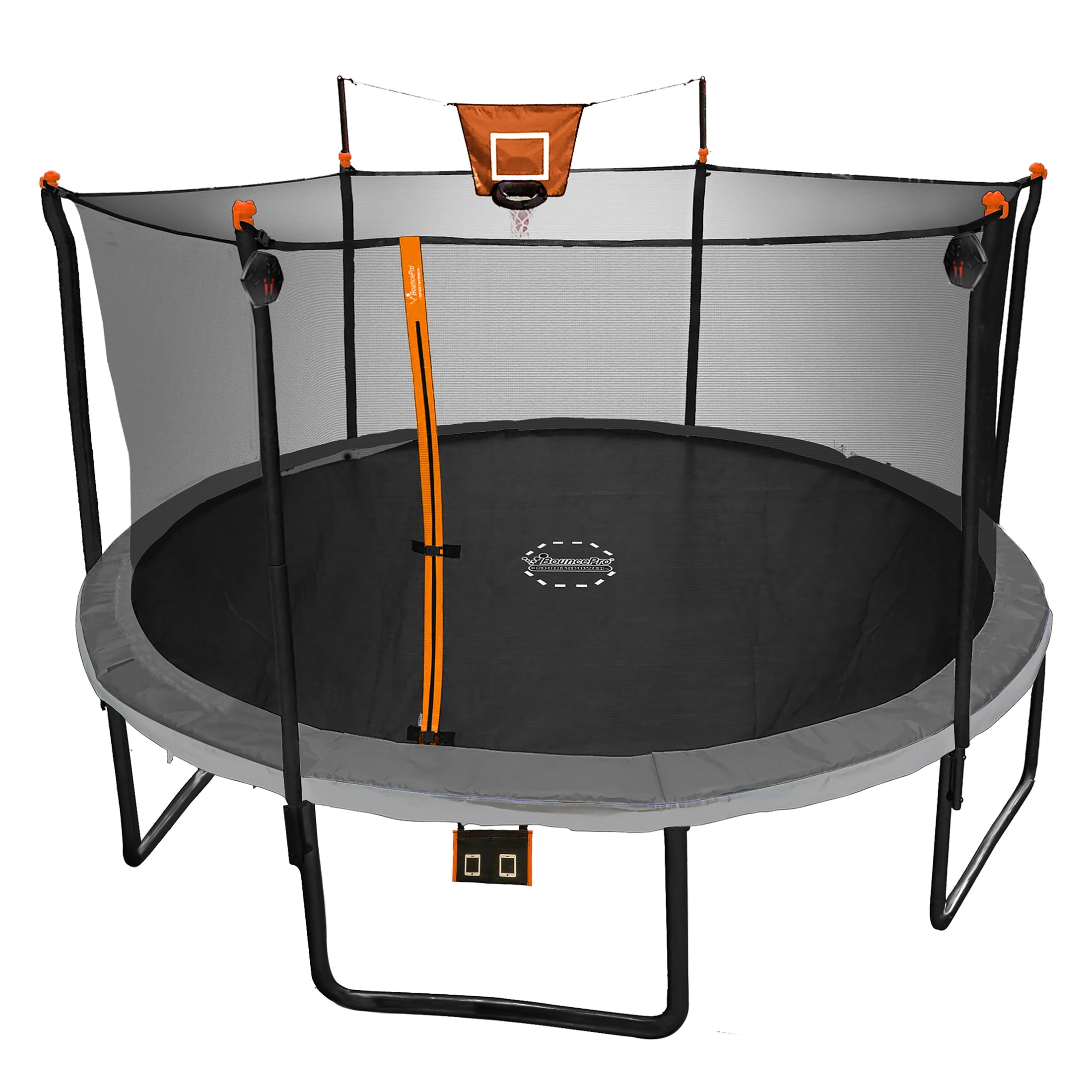 Bounce Pro 14ft Multiplay Trampoline & Enclosure Combo Set with Basketball, Electron Shooter Game, Flash Light Zone Features, Painted Legs & Phone Pouch - Image 5