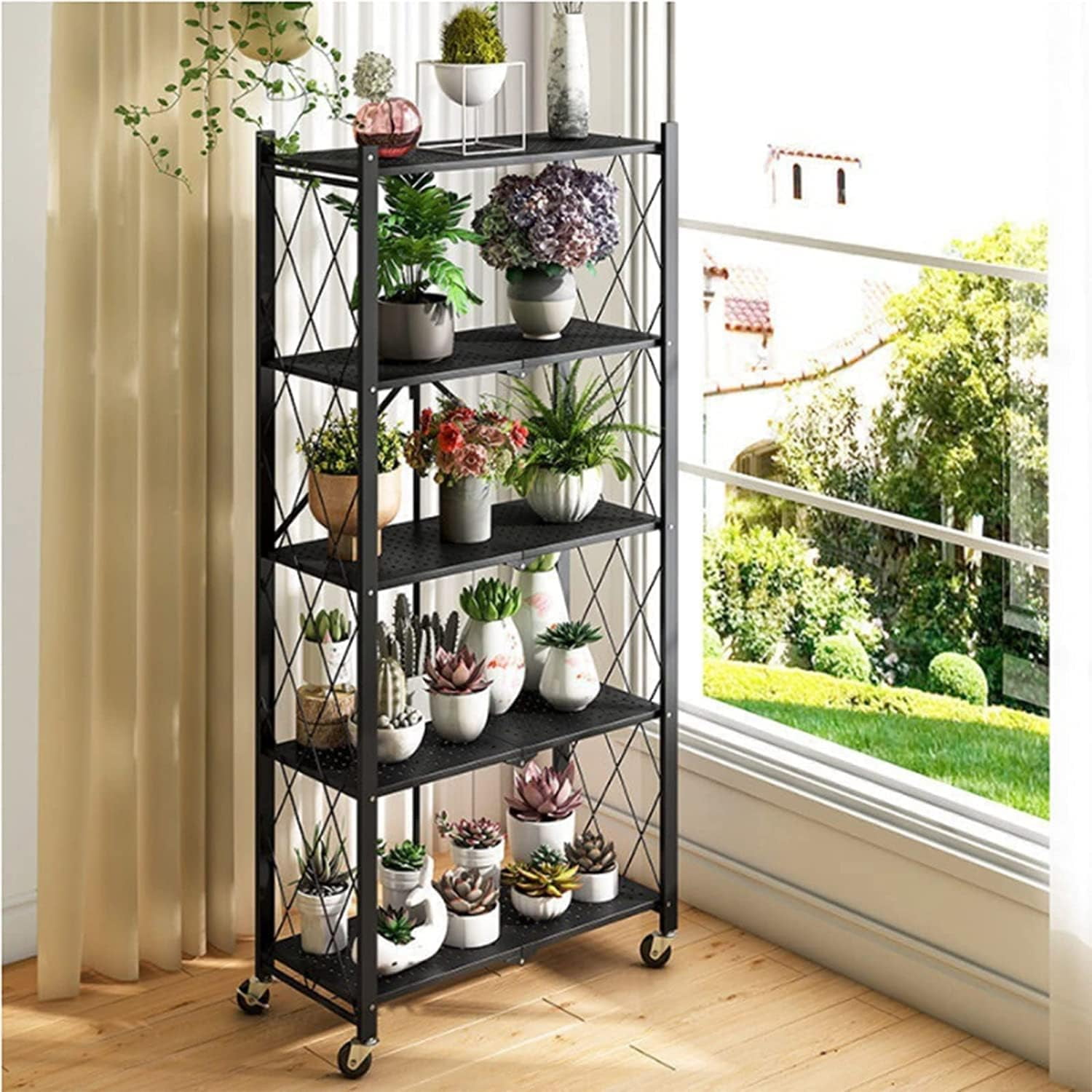 SUGIFT Storage Shelves, 5-Tier Foldable Metal Garage Shelf with Wheels, Kitchen Shelf with 3 Hooks, Black - Image 8