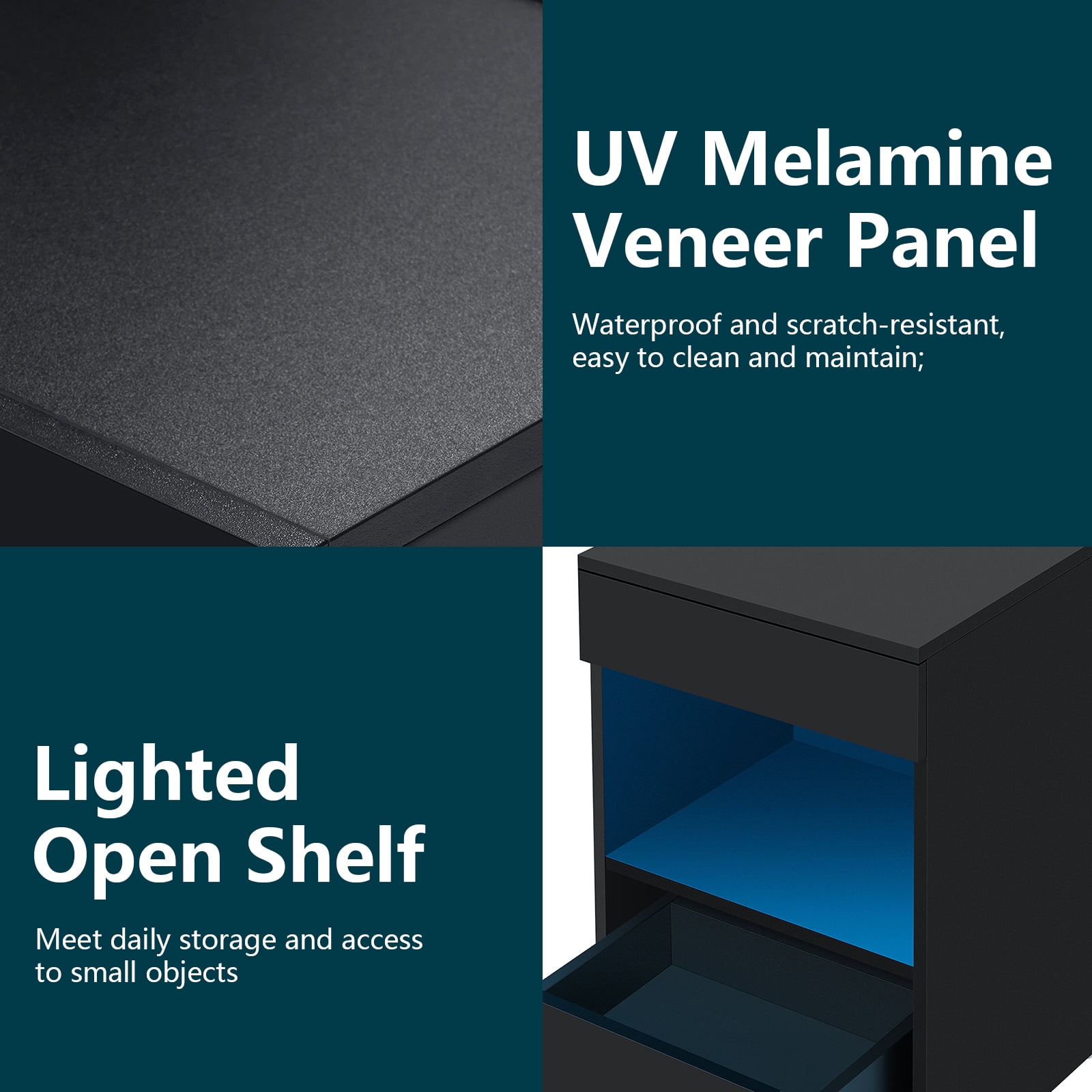 Hommpa Nightstand with Charging Station Nightstands with 2 Drawer Open Shelf Nightstands Black Nightstands High Gloss LED End Table Nightstands for Bedroom Living Room Furniture 23.6" Tall - Image 7