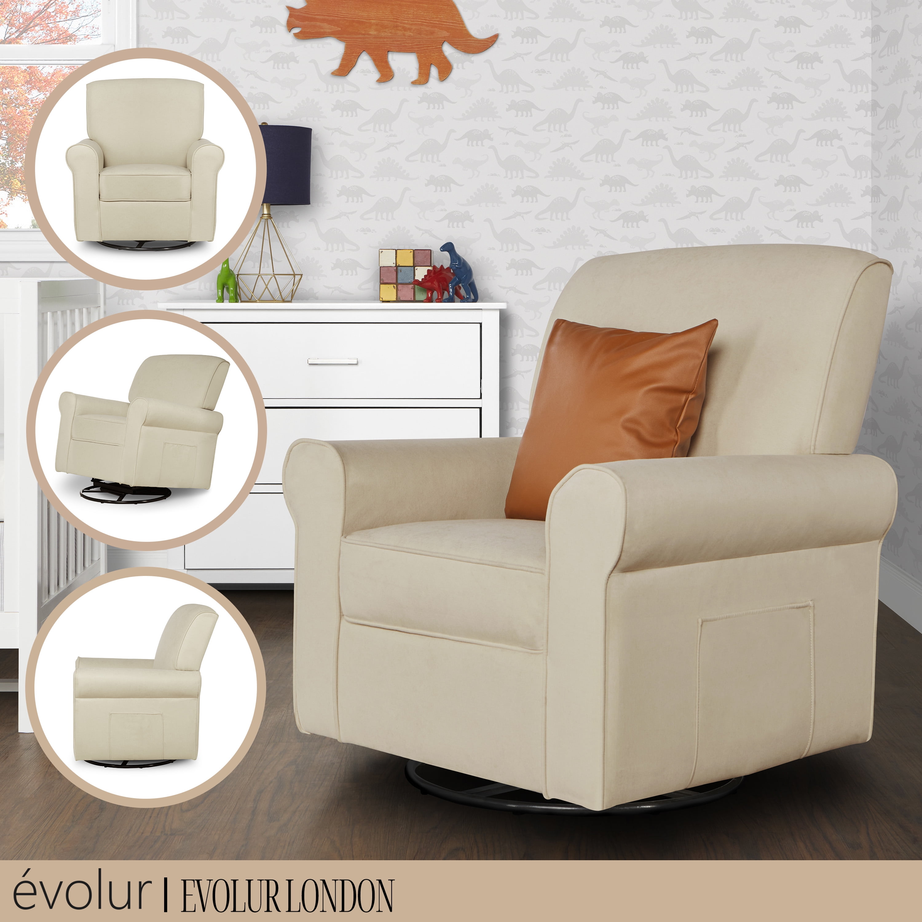 Evolur London Upholstered 360 Swivel l Glider I Rocker I Nursery Glider I Durable Soft Fabric in Beige - Image 9