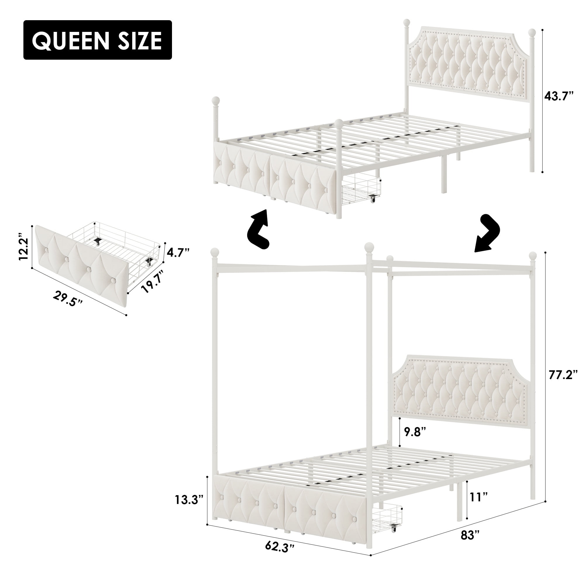 Homfa Queen Size Canopy Bed Frame, 2 Storage Drawers Metal Platform Bed with Button Tufted Upholstered Headboard, Canopy Bed Curtain Not Included, Beige - Image 7