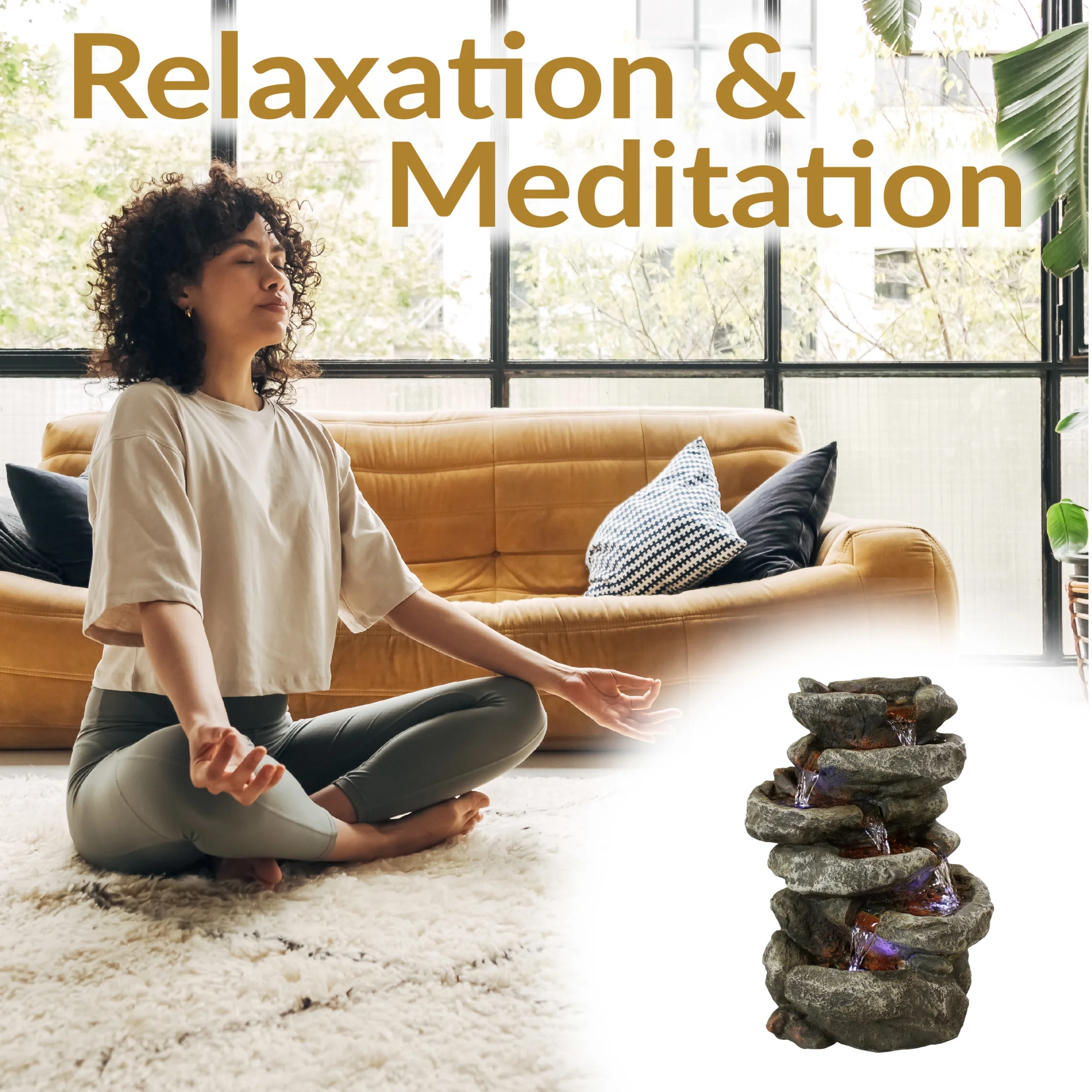 Sunnydaze Stone Falls Rustic Polyresin Gray Tabletop Fountain with LED Lights - Image 2