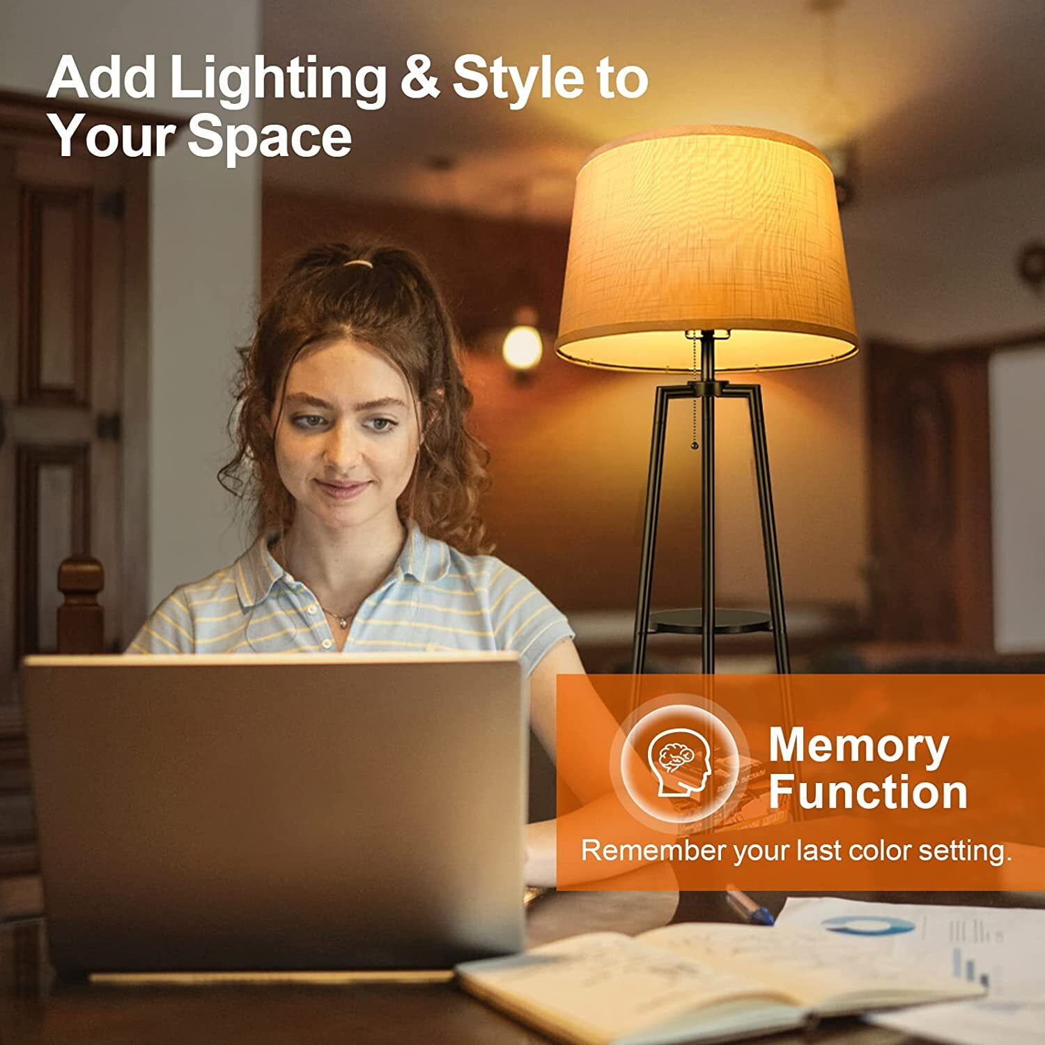 OUTON Tripod Floor Lamp with Shelves, Modern Standing Lamp with Linen Lampshade for Living Room, Bedroom, Office ,3 Color Temperature Bulb Stepless Dimming(Metal Black) - Image 3