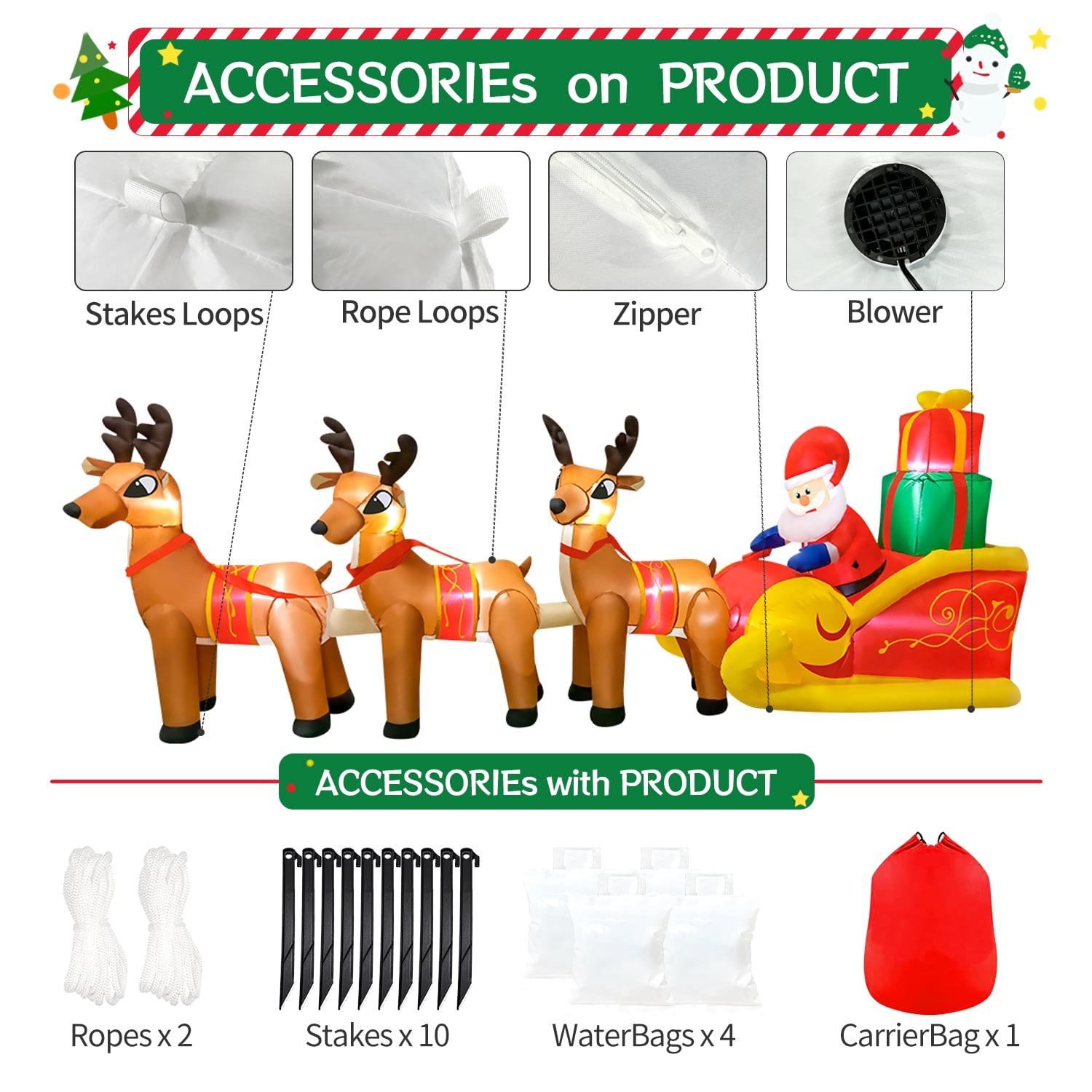 DeeKom 10' Christmas Inflatable Outdoor Decorations, Xmas Blow Up Santa Claus on Sleigh with 3 Reindeers, Built-In LED Lights - Image 4