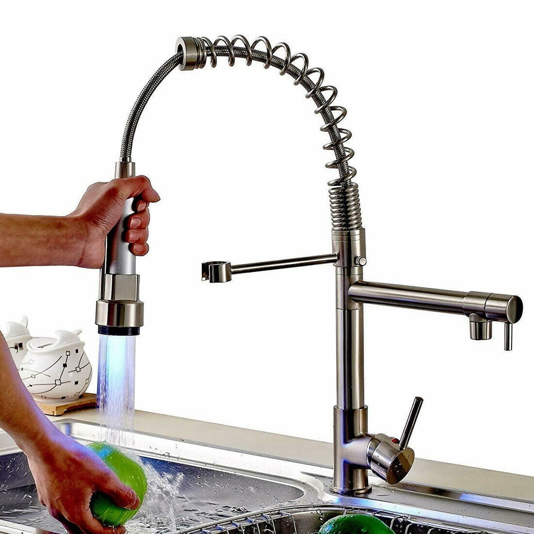 Zovajonia Brushed Nickel LED Pull Down Sprayer Kitchen Sink Faucet Swivel Spout Mixer Tap - Image 2