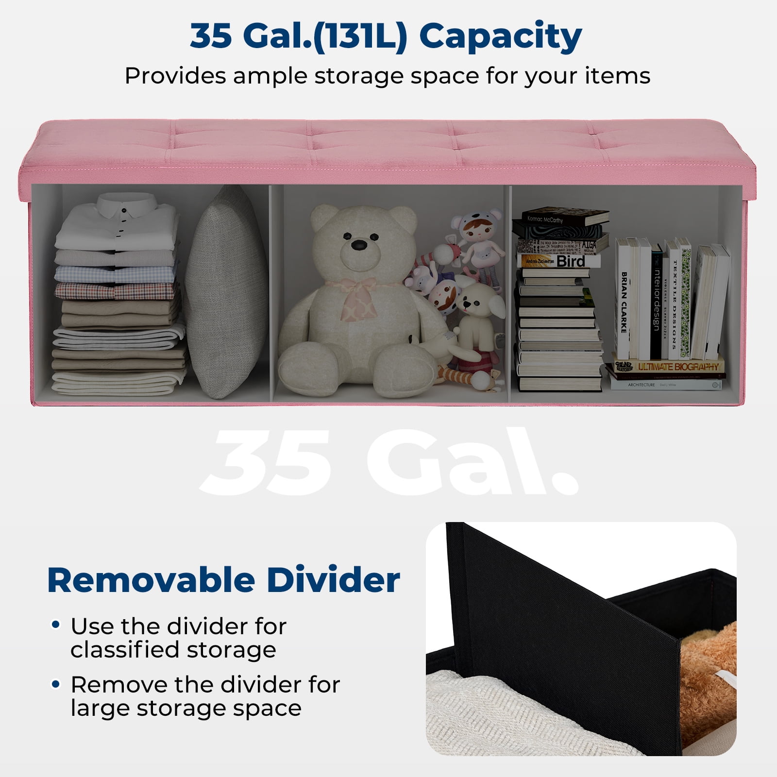 LUSIMO Ottoman with Storage 43" Velvet Storage Bench Folding End of Bed Bench Hold up to 660lb Footstool for Bedroom Living Room, Pink - Image 9