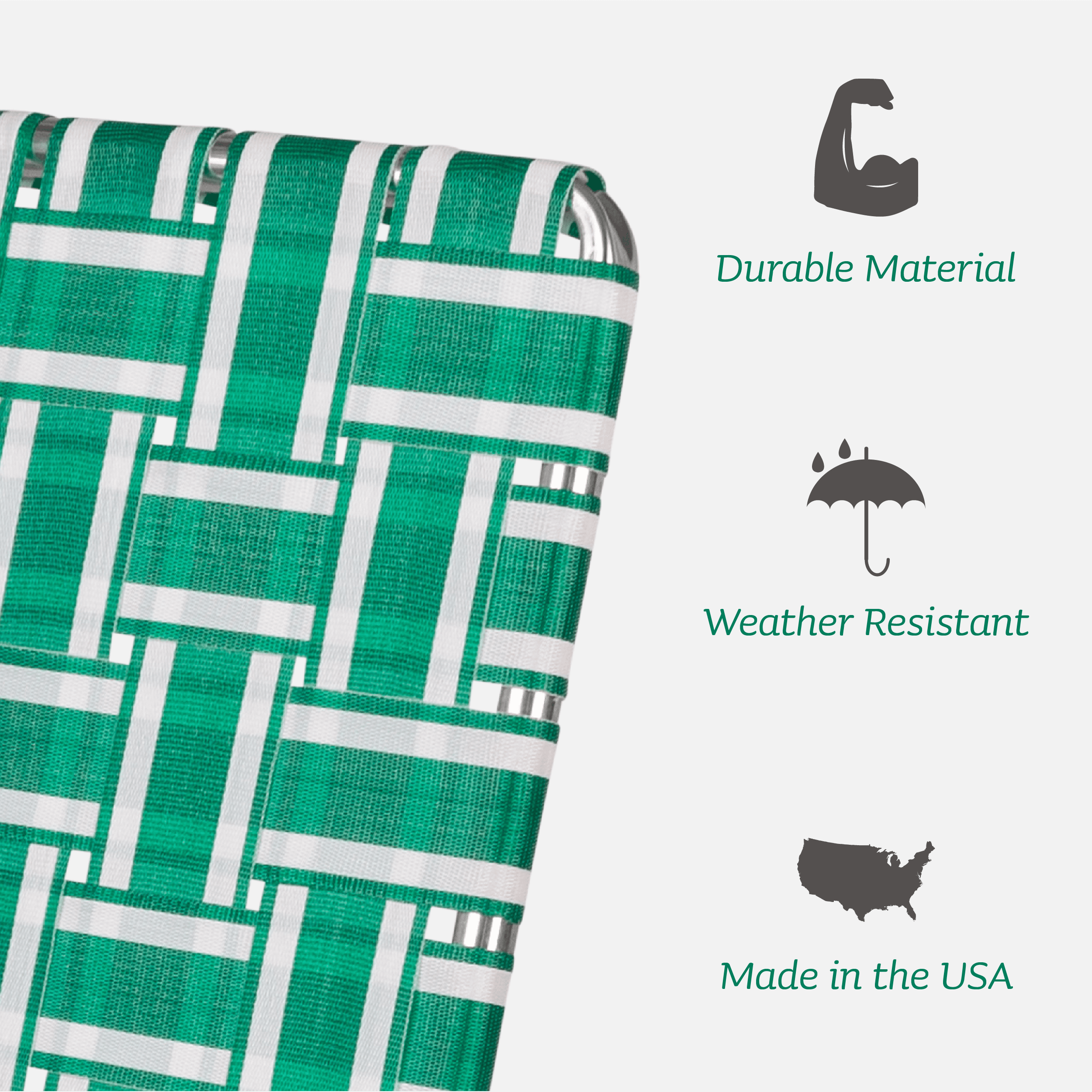 Lawn Chair USA - Classic Folding Aluminum Webbed Chair - Durable, Portable, and Comfortable Outdoor Chair - Ideal for Camping, Sports, and Concerts - Charleston With Green Arms - Image 6