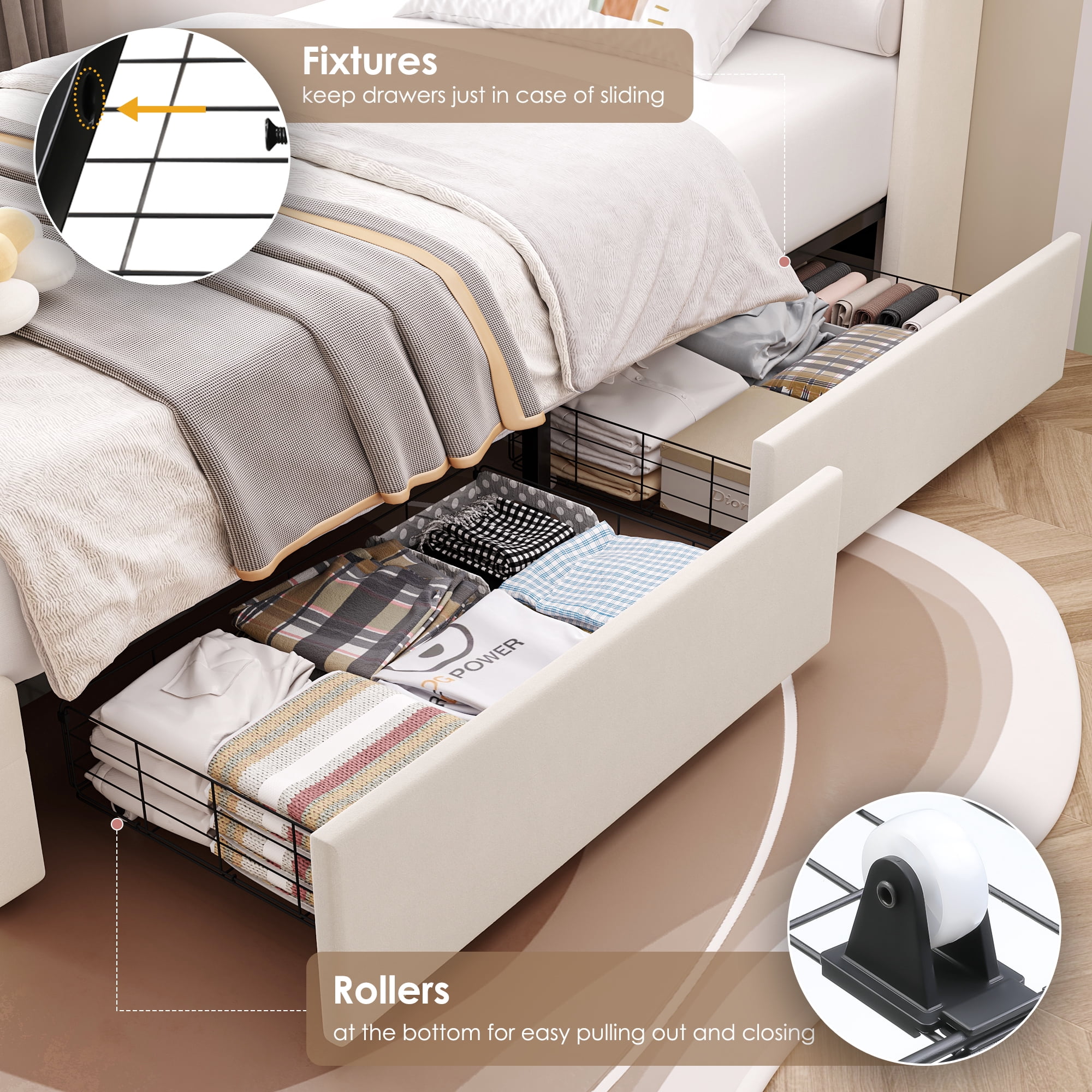 Homfa Twin Bed Frame with LED Light & Charge Station, 2 Storage Drawers Modern Upholstered Wingback Platform Bed Frame, Beige Velvet - Image 5