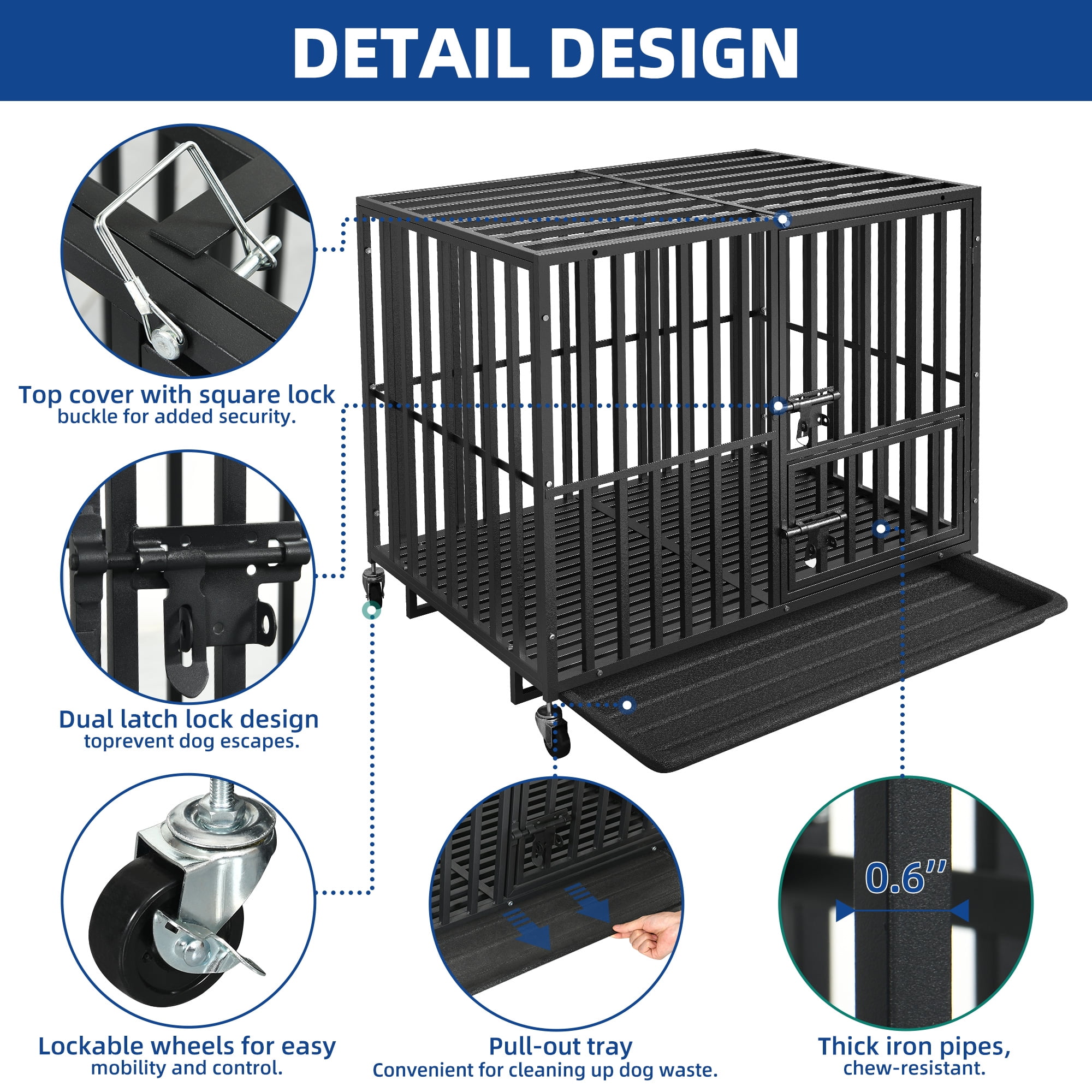 Uforic 38" Heavy Duty Dog Crate for Large Dogs with Lockable Wheels,Dog Kennel with Removable Tray - Image 5