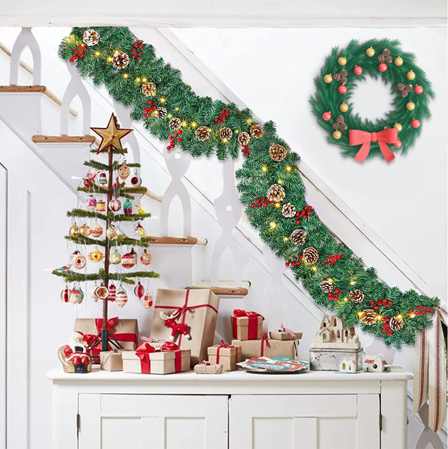 Christmas Garland Pre-Lit Artificial Green with Pine Cones Berry Clusters 40 Lights 6ft for Winter Christmas Indoor Outdoor New Year Xmas Decorations - Image 7