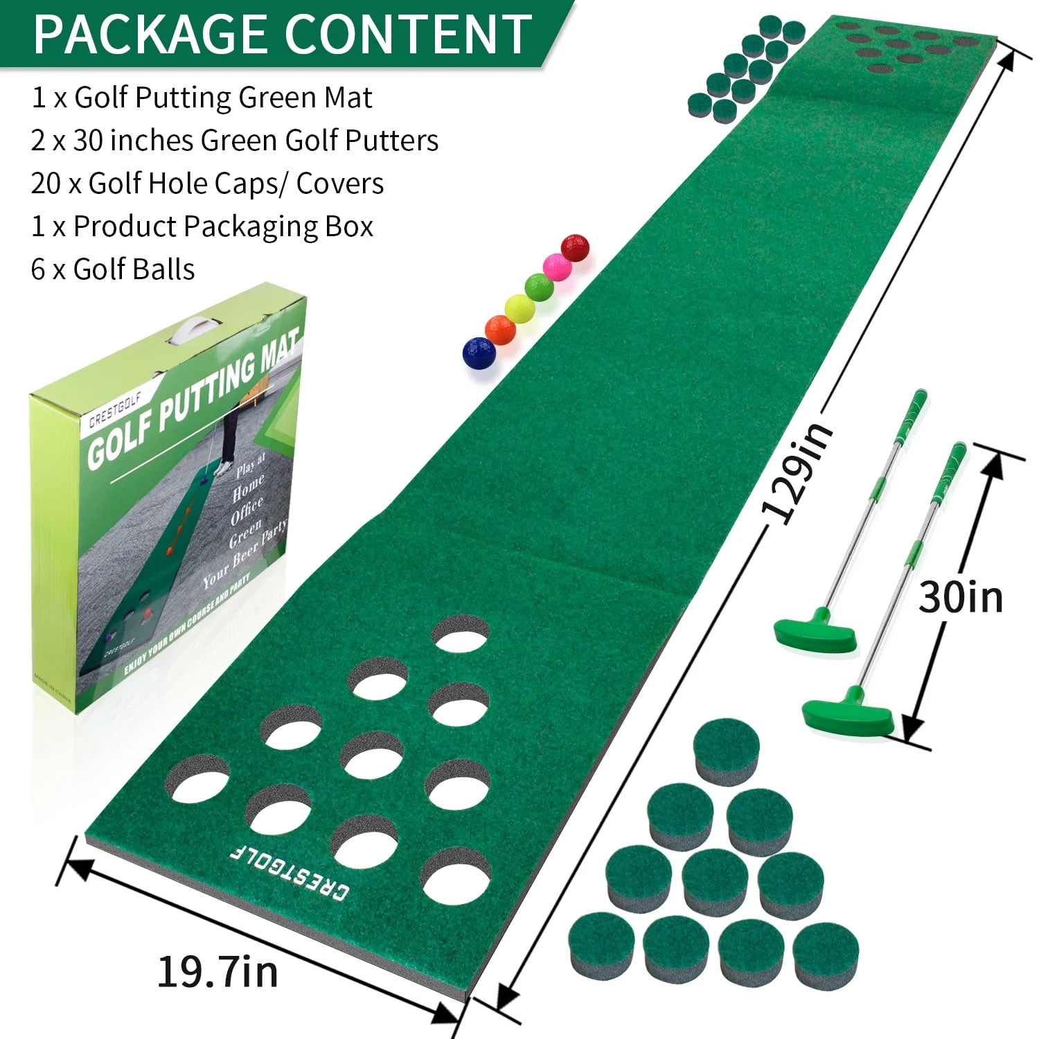 Crestgolf Putting Green 20 Hole Covers Golf Game Golf Training Mat with 2 Golf Putters, 6 Golf Balls - Image 6