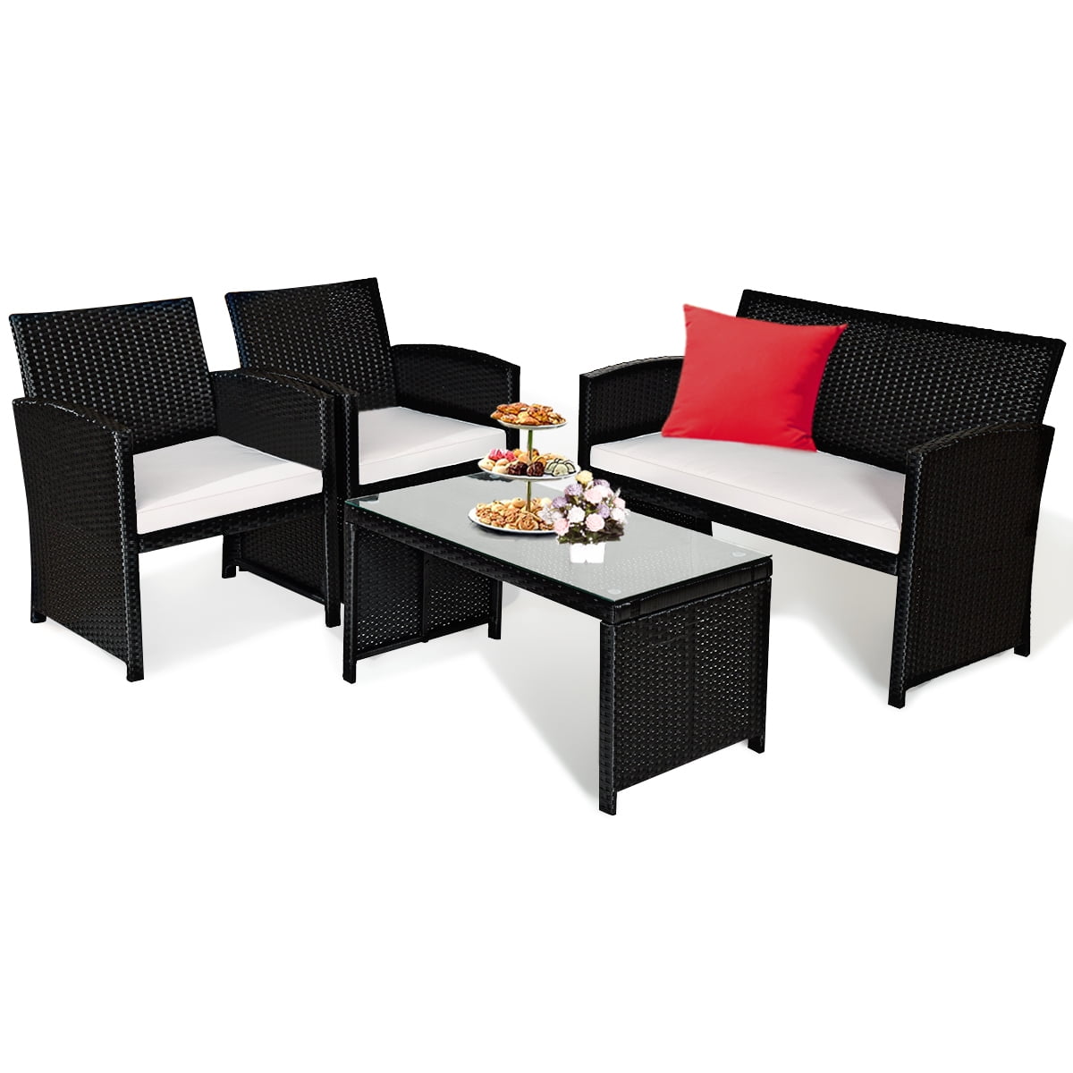 Costway 4PCS Outdoor Patio Rattan Furniture Conversation Set Cushioned Sofa Coffee Table - Image 4