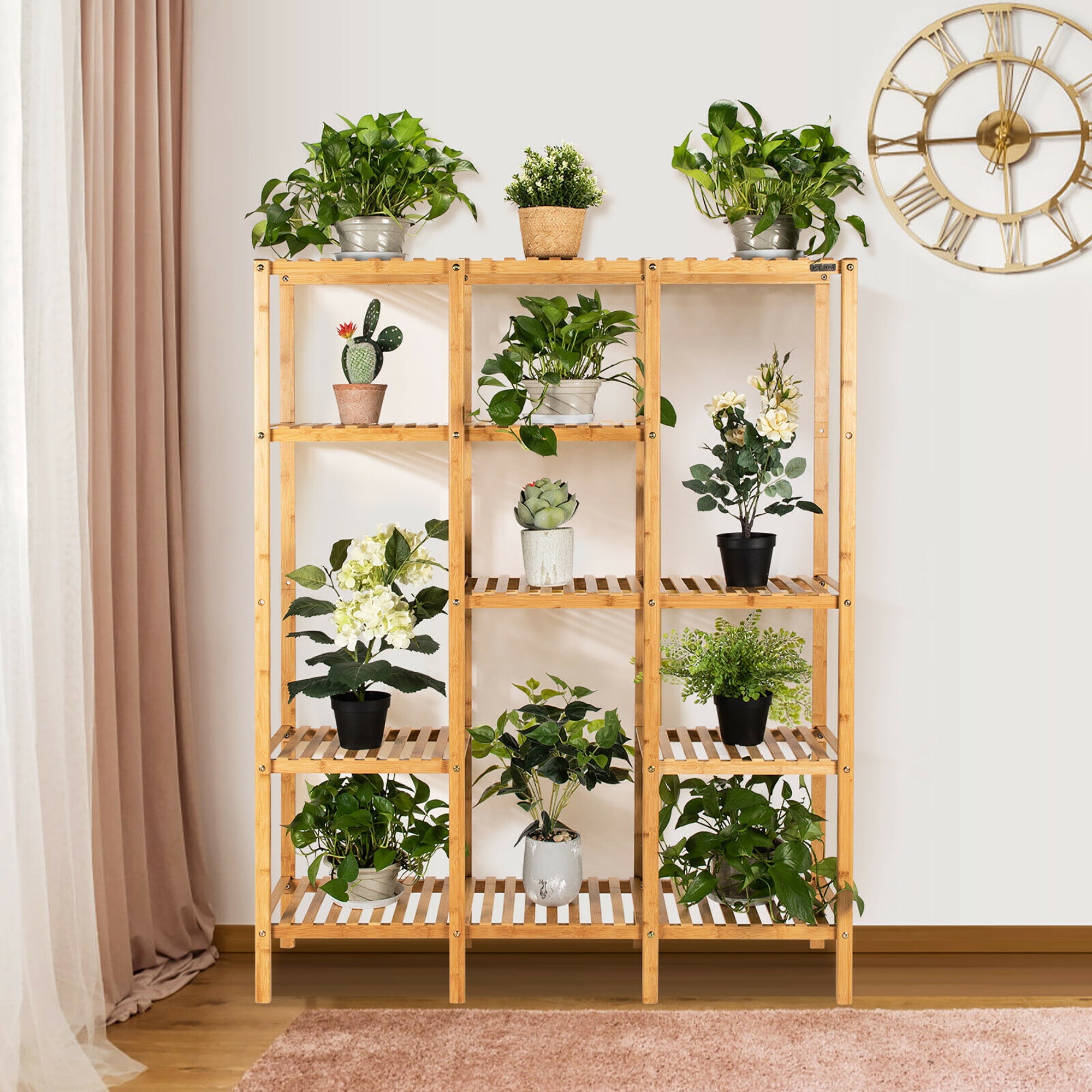 Costway Multifunctional Bamboo Shelf Storage Organizer Rack Plant Stand Display Closet - Image 2