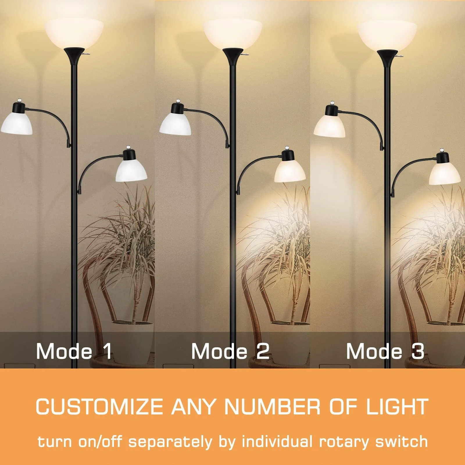 NATYSWAN Floor Lamps for Living Room,Torchiere Floor Lamp with 8W Adjustable Reading Lights, Morden Tall Lamps for Living Room, Bedroom, Office, 3 Bulbs Included - Image 8