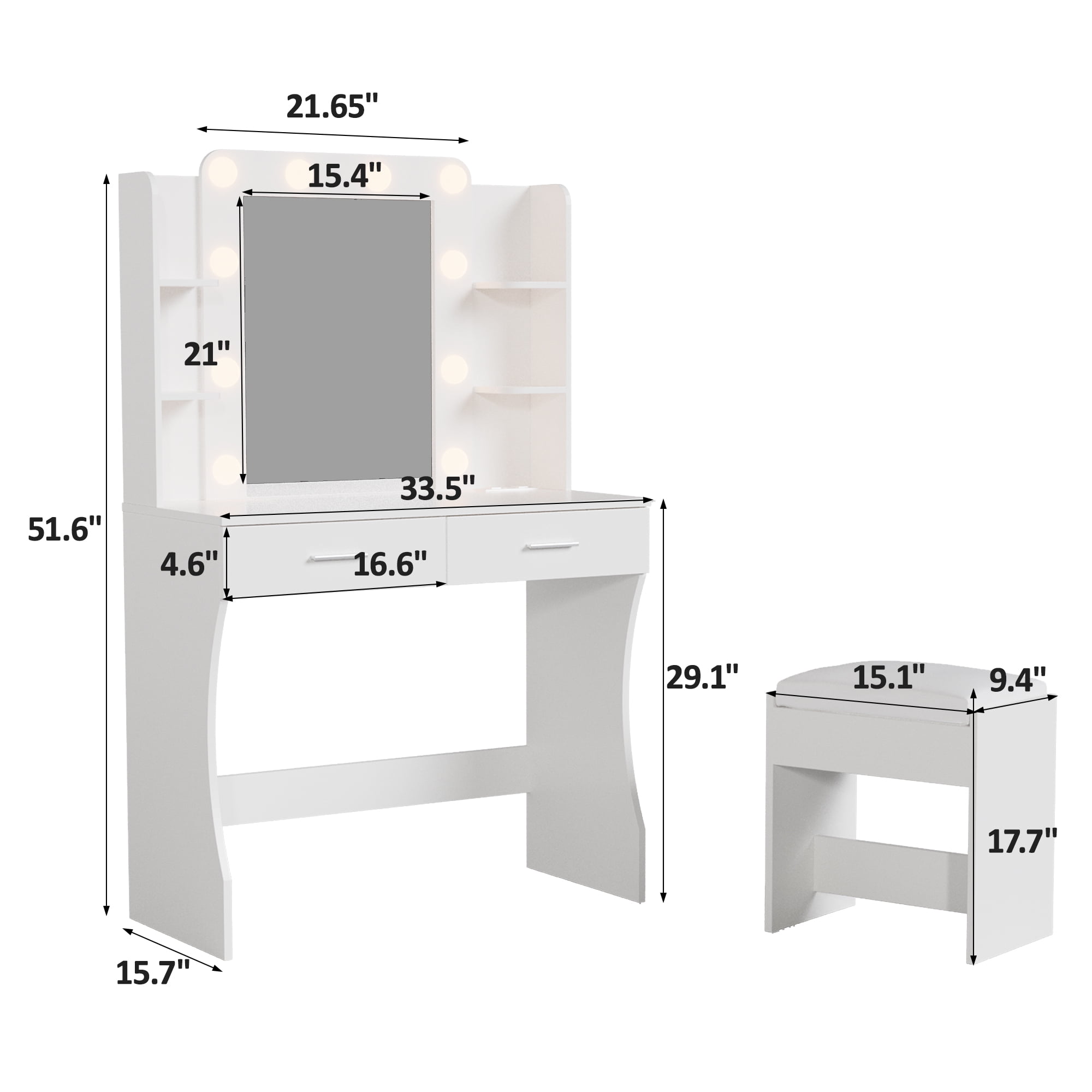 Vabches Vanity Set with Mirror and Lights & Power Outlet Makeup Vanity with 2 Drawers& 6 Shelves, White - Image 4