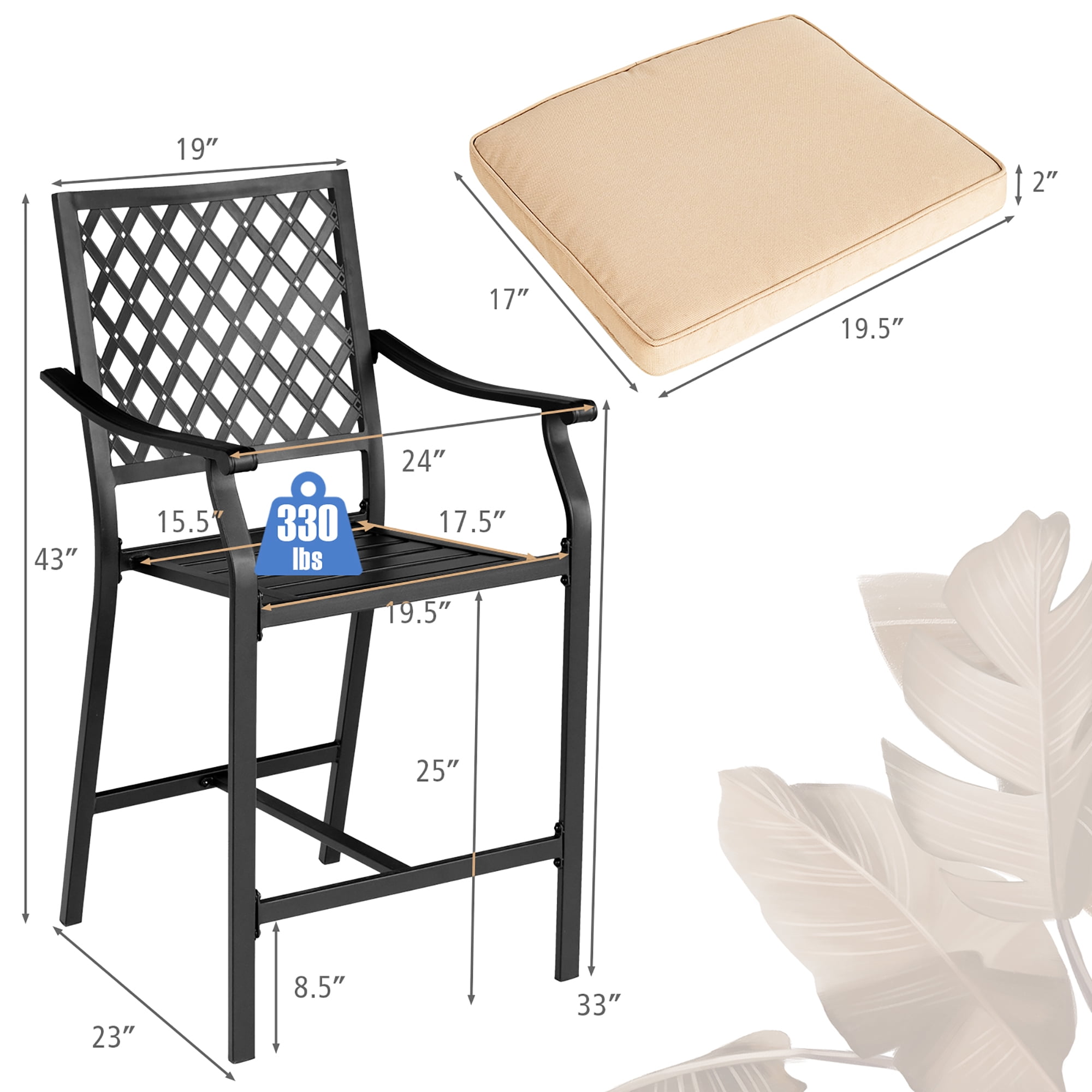 Costway 2PCS Patio Bar Stool Counter Height Cushioned Chair Armrest Garden Deck - Image 2