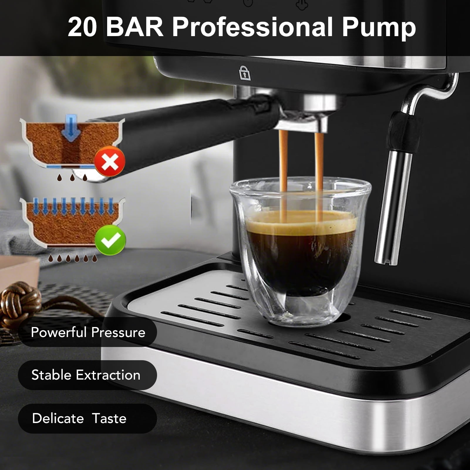 Fyydes Espresso Machine 20 Bar, 1.5L Water Tank with Milk Frother Steam, Stainless Steel Coffee Maker for Espresso, Latte, Mocha, Americano, 1050W, Silver - Image 4