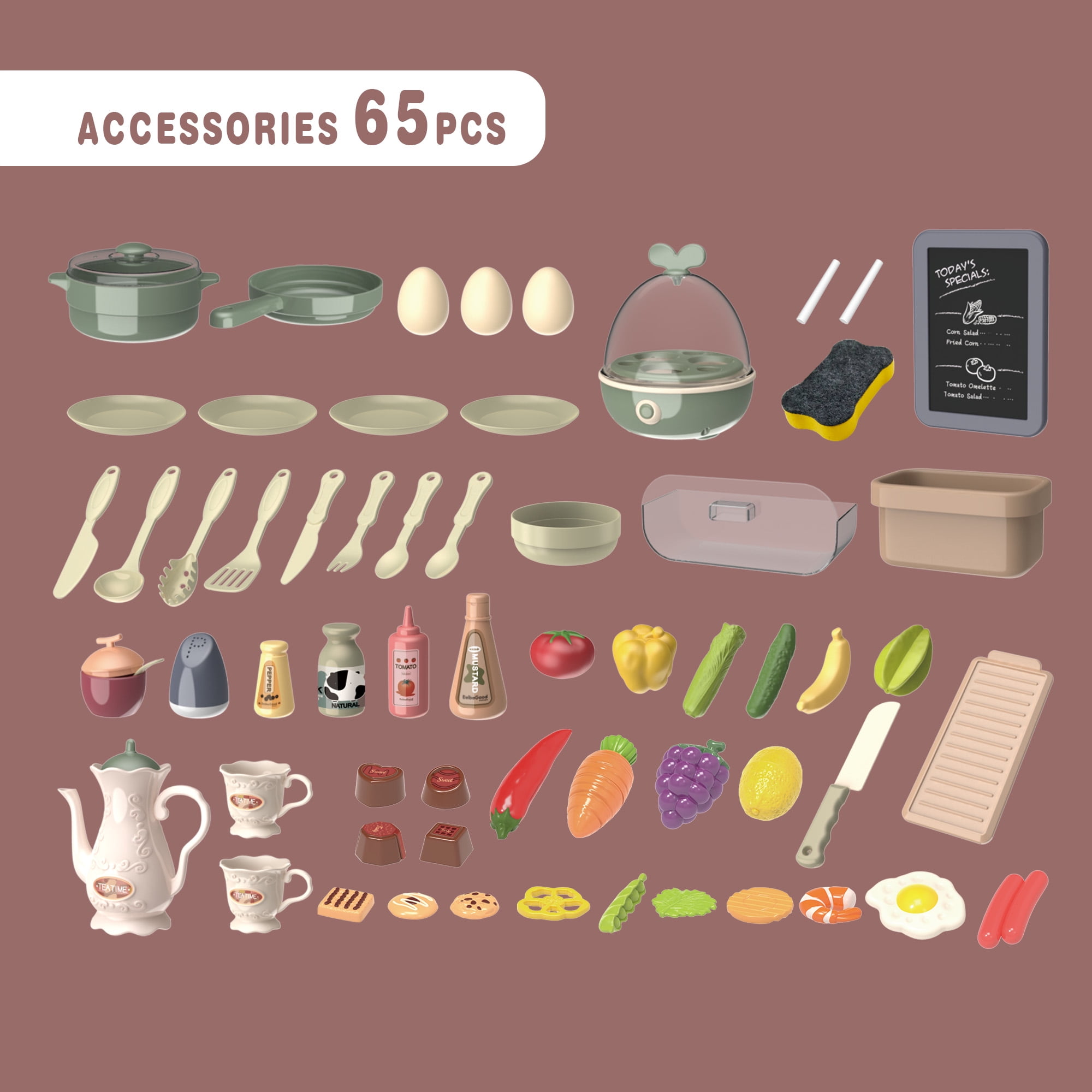 Yexmas Play Kitchen, 37"H Kids Kitchen Playset with Real Sounds & Lights,Pretend Play Food Toys,Play Sink,Cooking Stove with Steam,Toddler Kitchen Toy Gift for Boys and Grlis, 65PCS - Image 5