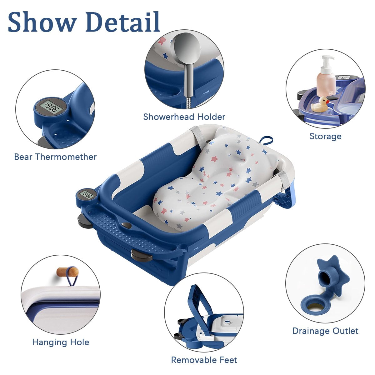 Foldable Baby Bathtub Portable Infant Baby Bath Tub with Thermometer and Shower Hole(Blue+ Pad) - Image 9