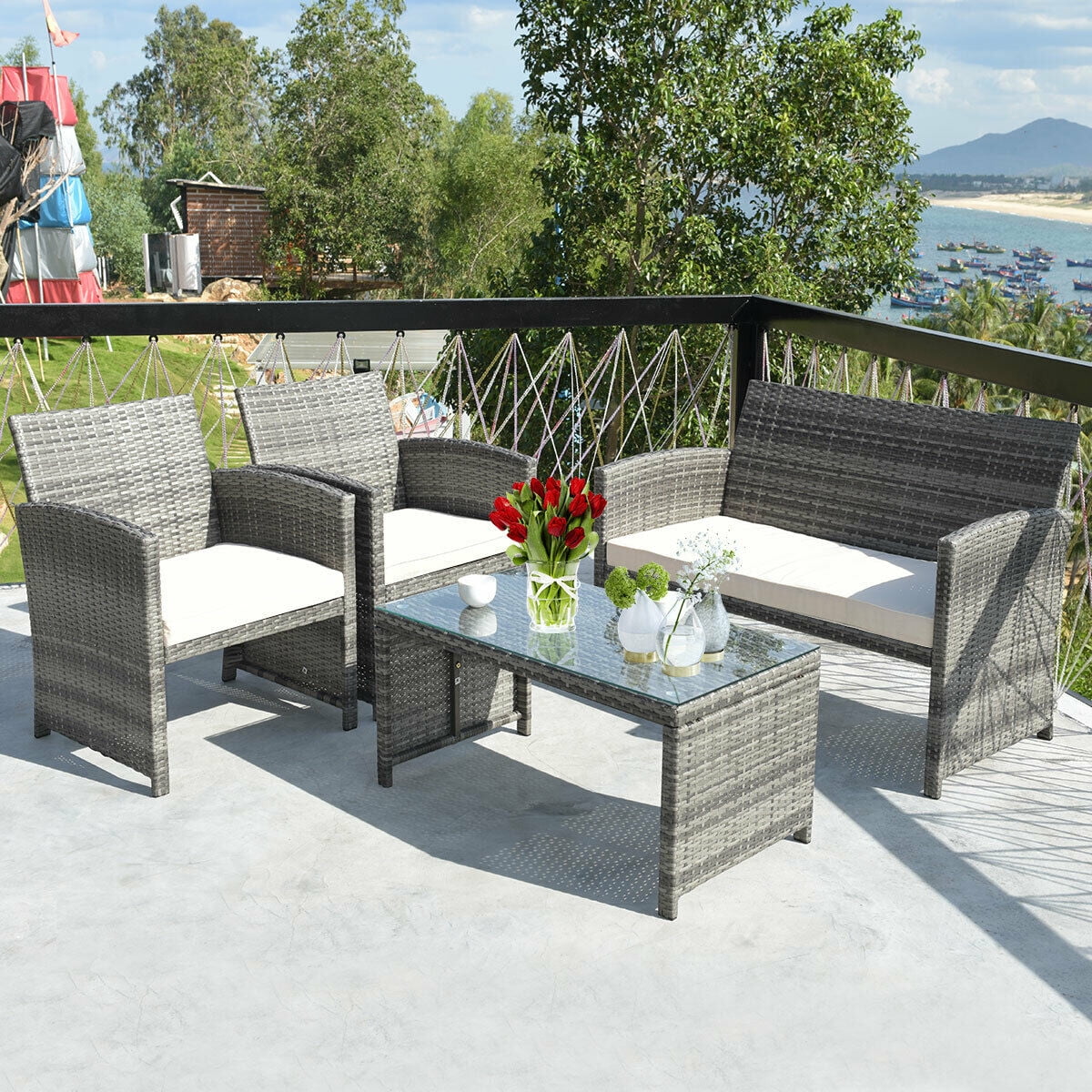 Costway 4PCS Rattan Patio Furniture Set Garden Sofa Cushioned Seat Mix Gray Wicker - Image 3
