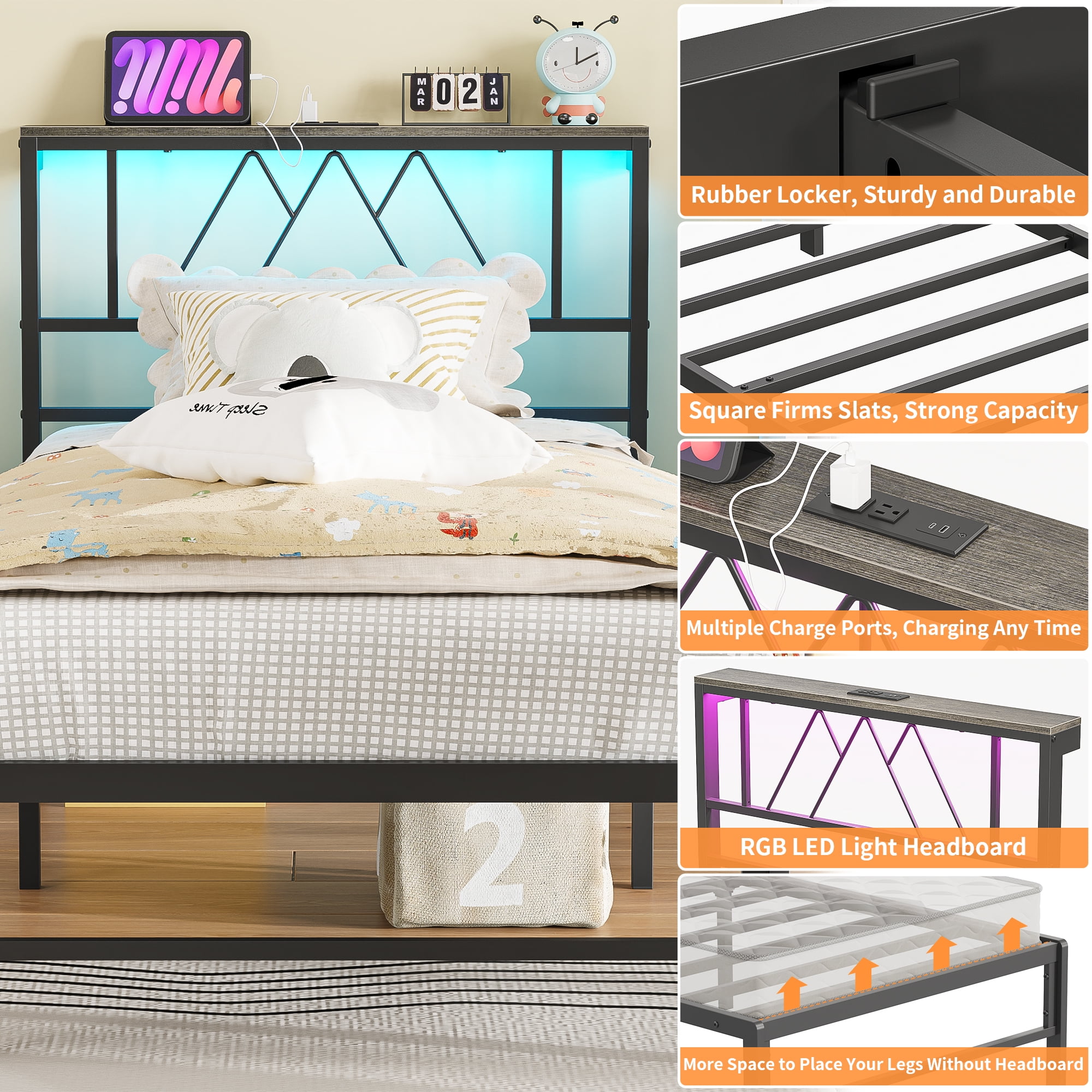 Yoneston Twin Size Platform Bed Fame with LED and Charging Station Storage Headboard No Box Spring Need for Kids Furniture, Black - Image 10