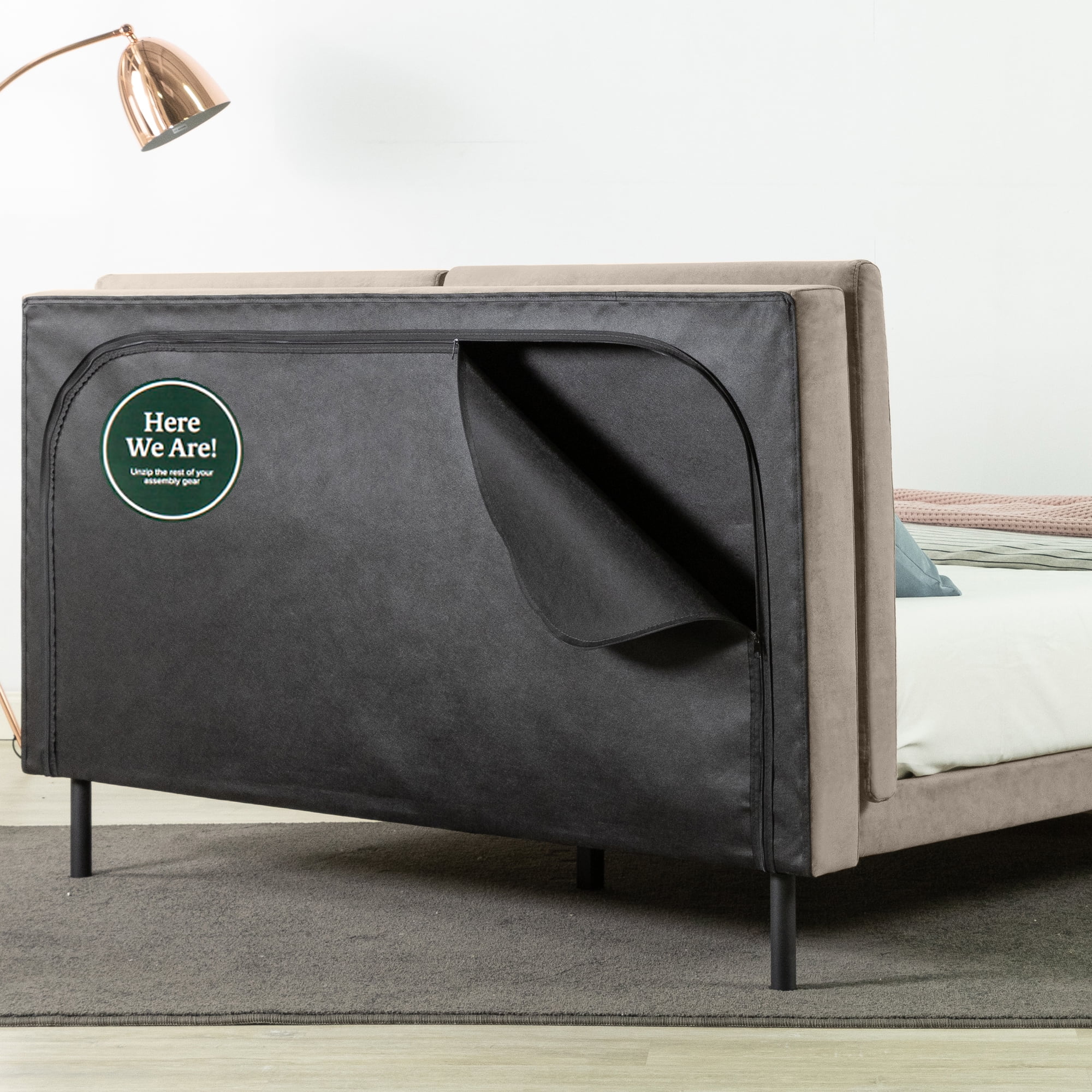 Zinus Taylor 38" Velvet Upholstered Platform Bed Frame with Split Headboard, Latte, Queen - Image 2