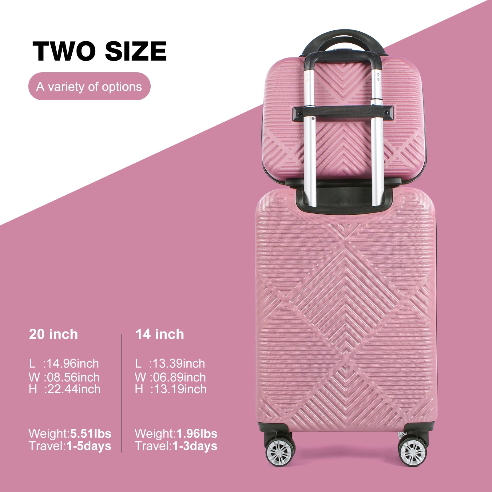 Tripcomp Luggage Sets 2 Piece Suitcase Set (14/20/)Hardside Suitcase with Spinner Wheels Lightweight Carry On Luggage(Pink) - Image 5