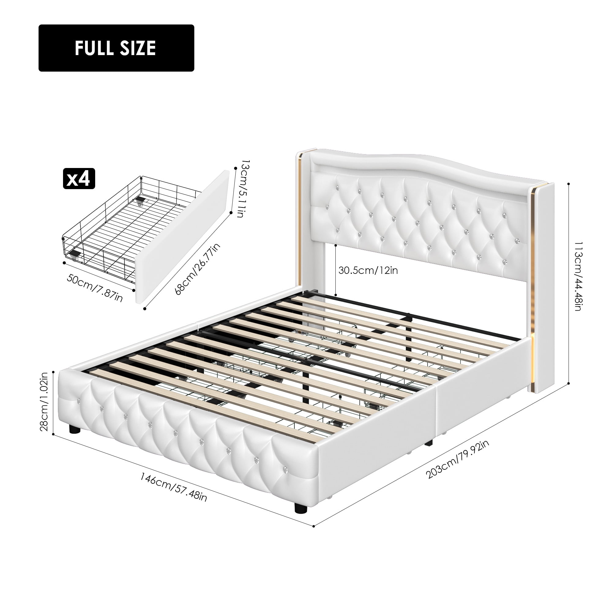 Homfa Full Size LED Bed Frame with 4 Storage Drawers, PU Leather Upholstered Platform Bed with Crystal Buttons Headboard, White - Image 2