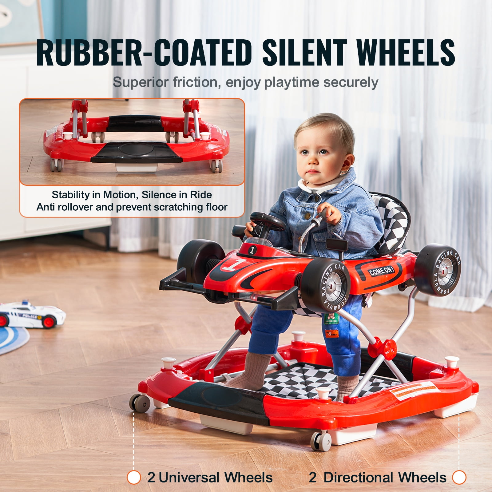 KFFKFF Baby Walker 4 in 1, Foldable Height Adjustable Baby Walker with Wheels, Infant Toddler Walker with Foot Pads, Anti-Fall Baby Walker With Steering Wheel - Image 8