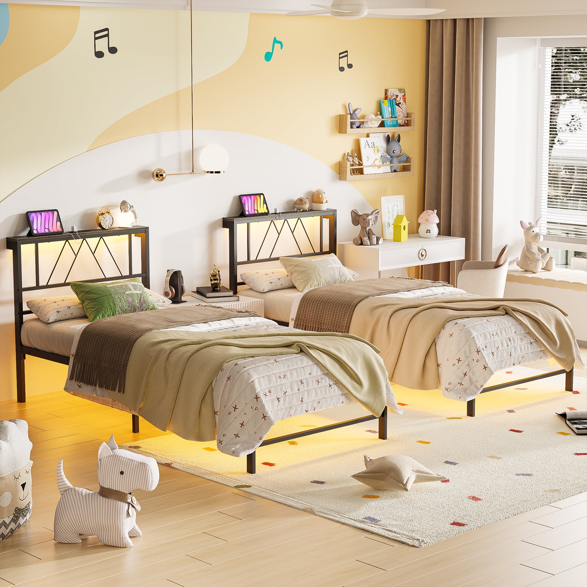 Yoneston Kids Twin Bed Fame with Charging Station LED Storage Headboard, Sturdy Metal Platform Bed Frame with Under-Bed Light for Boys Girls, Black - Image 9