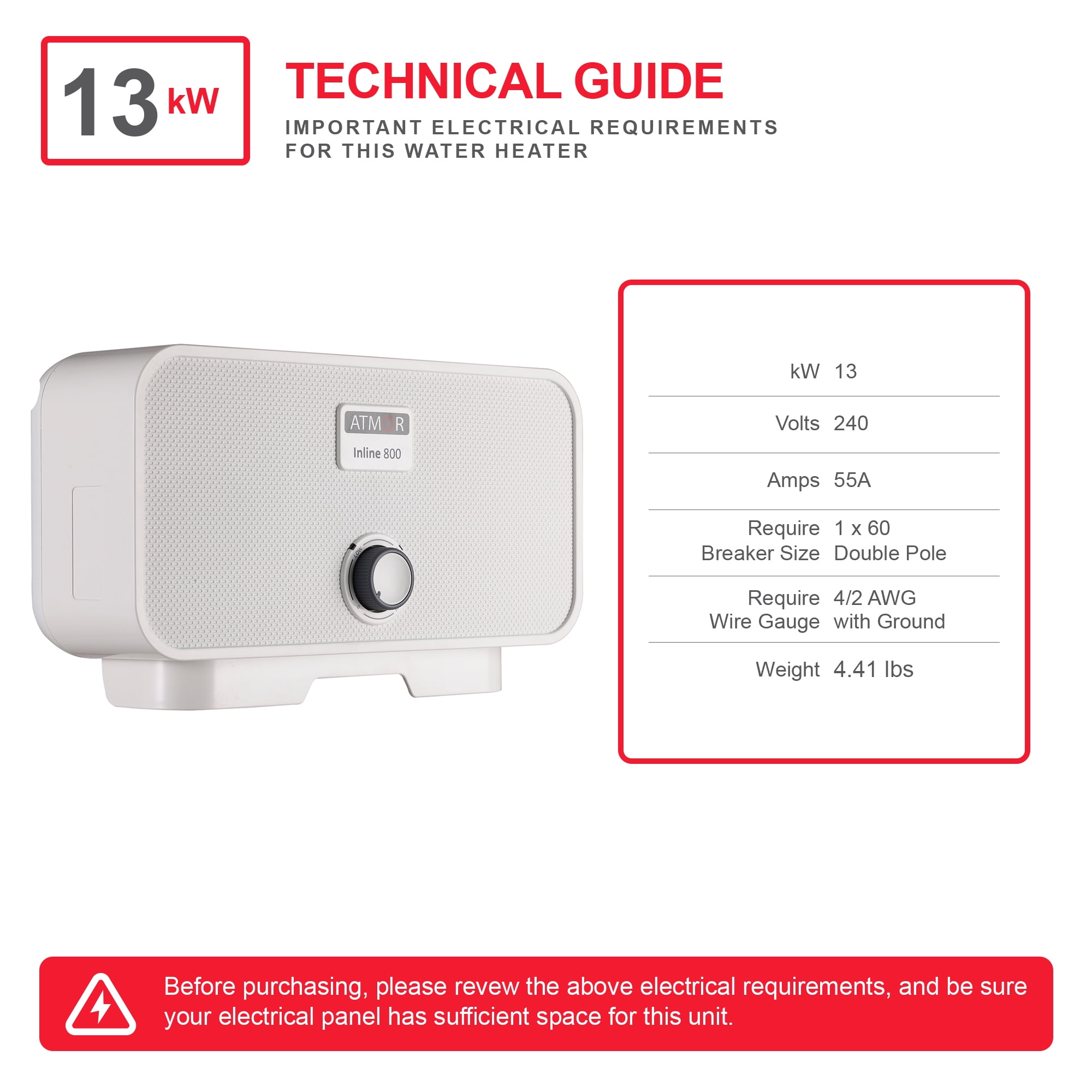 Atmor 13kW/240V Electric Tankless Water Heater Includes Pressure Relief Device, Ideal for a Full Bathroom - Image 7