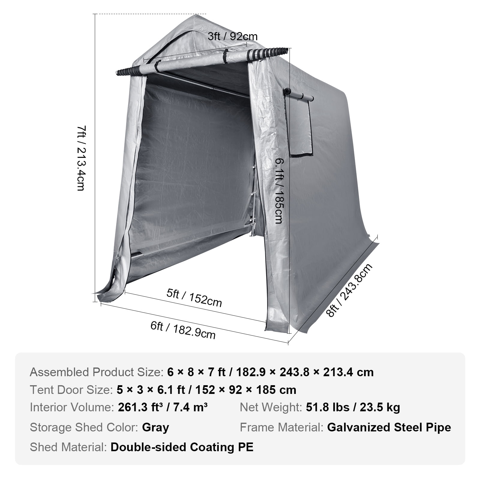VEVOR Portable Shed Outdoor Storage Shelter, 6x8x7 ft Heavy Duty Instant Waterproof Storage Tent Sheds with Roll-up Zipper Door and Ventilated Windows - Image 9