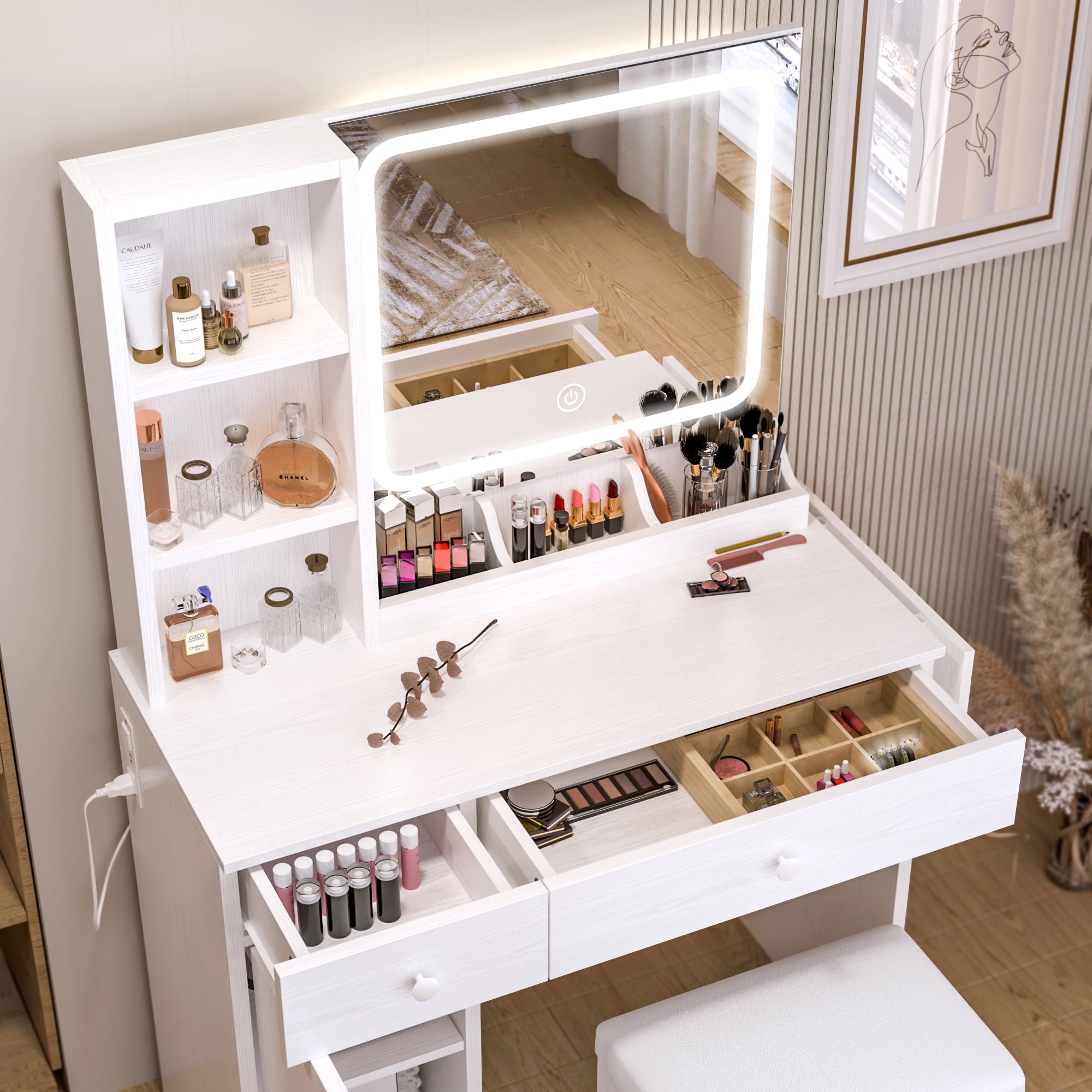 IRONCK LED Lights Vanity Desk with Mirror, Power Outlet, Drawers and Cabinet, White - Image 6