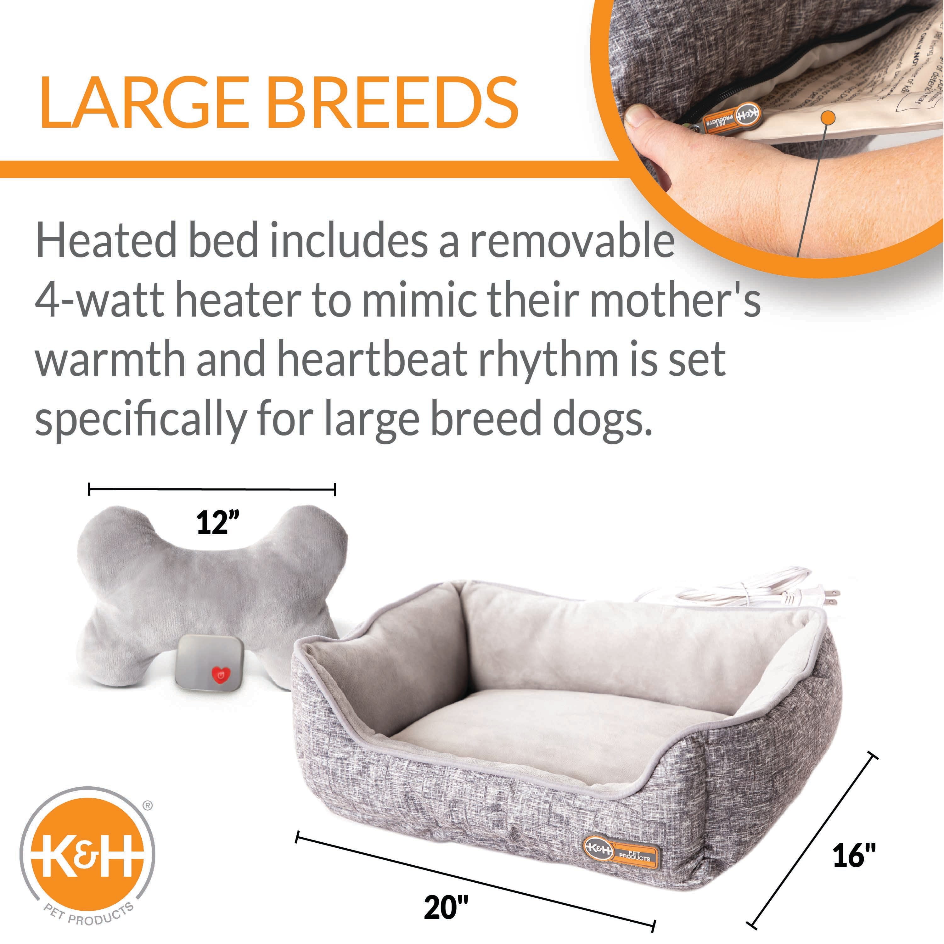 K&H Pet Products Mother’s Heartbeat Heated Puppy Bed Heated Bed + Bone Pillow Gray Large Breed Heartbeat 16 X 20 Inches - Image 6