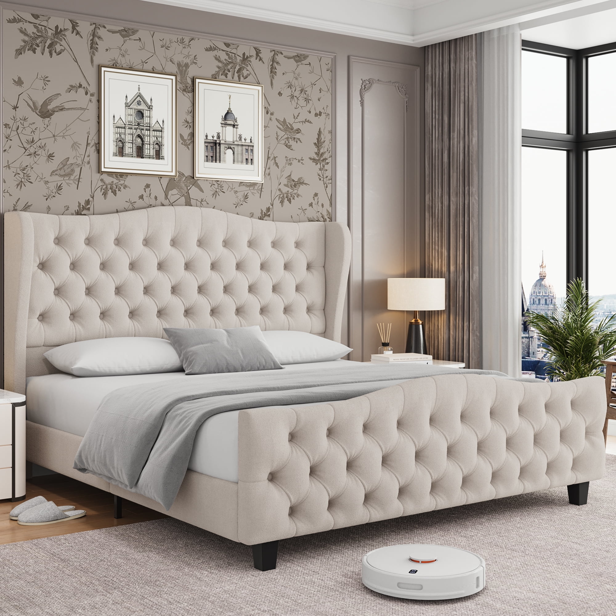 Homfa Queen Size Bed Frame with Tall Tufted Headboard, 54.3” Tall Modern Velvet Upholstered Platform Bed Frame with Deep Button Wingback Headboard, Beige - Image 2