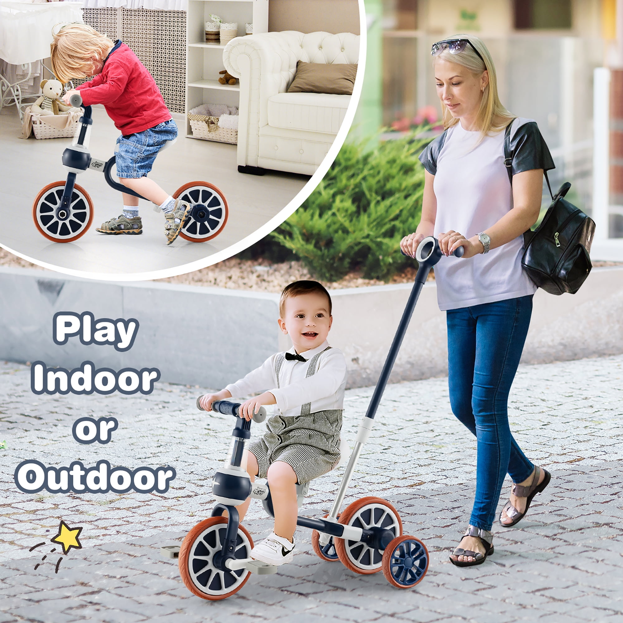 Honeyjoy 4 in 1 Kids Tricycles with Push Handle & Training Wheels Baby Balance Bike Navy - Image 8