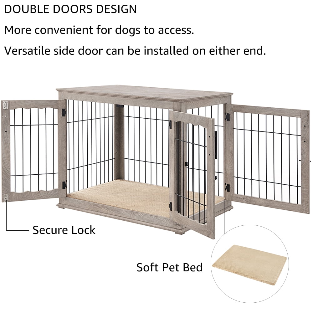 Unipaws Pet Crate End Table, Double Doors Wooden Wire Dog Kennel with Pet Bed, Large Dog Crate - Image 6