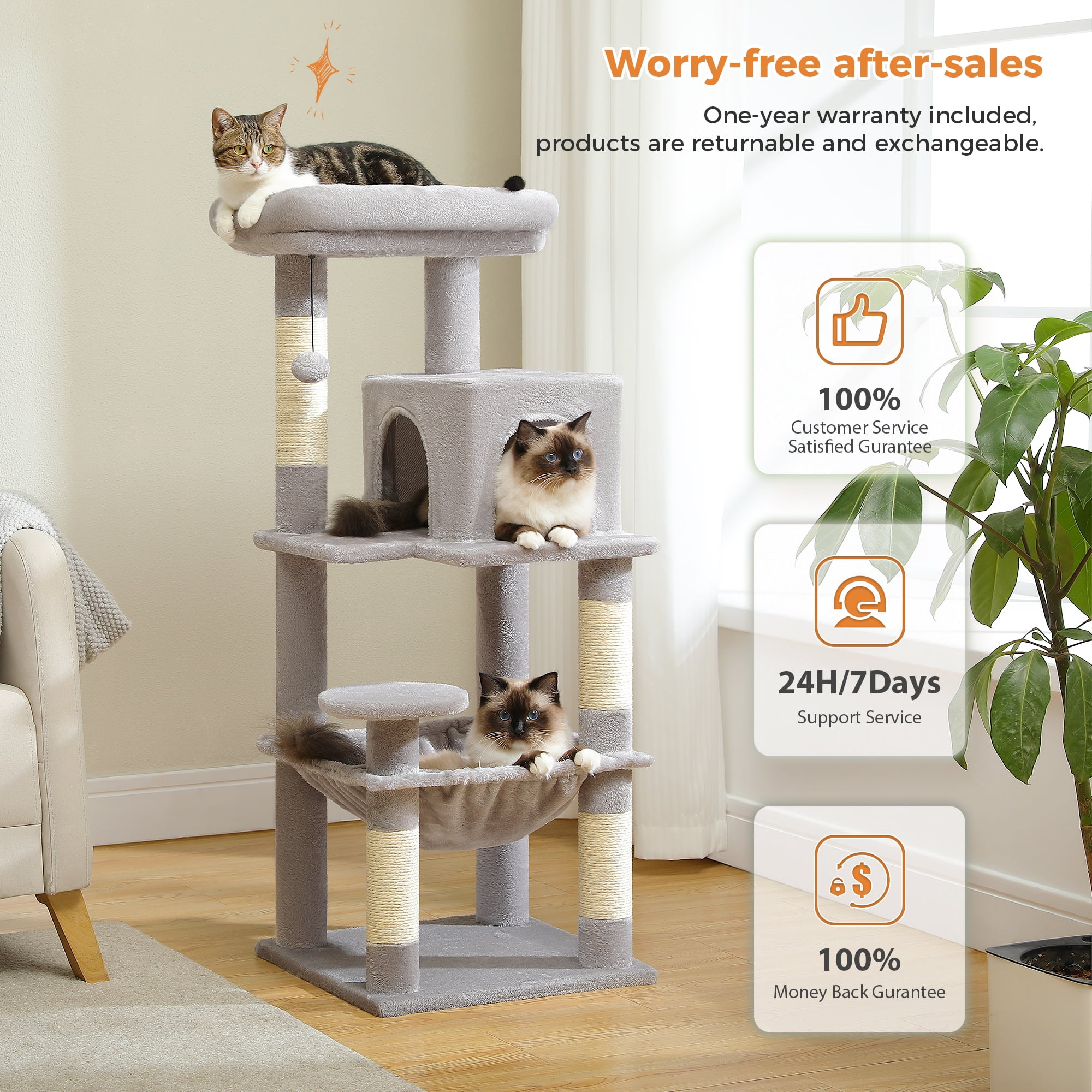 PEQULTI 45.7" Multi-Level Cat Tree Large Cat Tower Indoor with Condo and Hommock Light Gray - Image 5