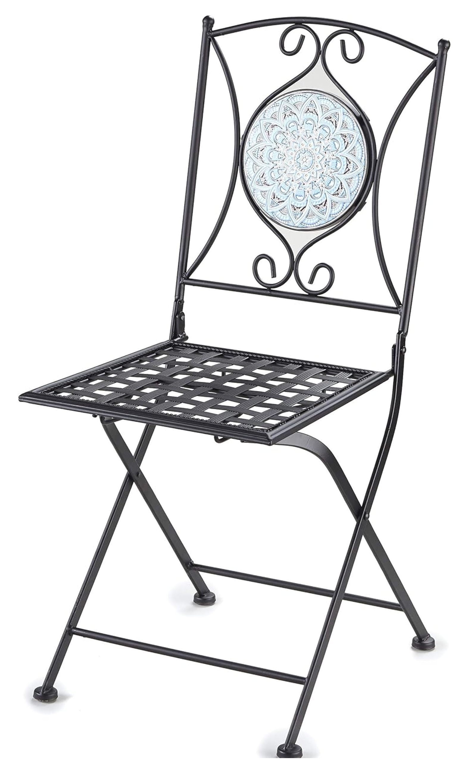 Metal Folding Patio Chair with Decorative Tile Mosaic - Black - Image 3