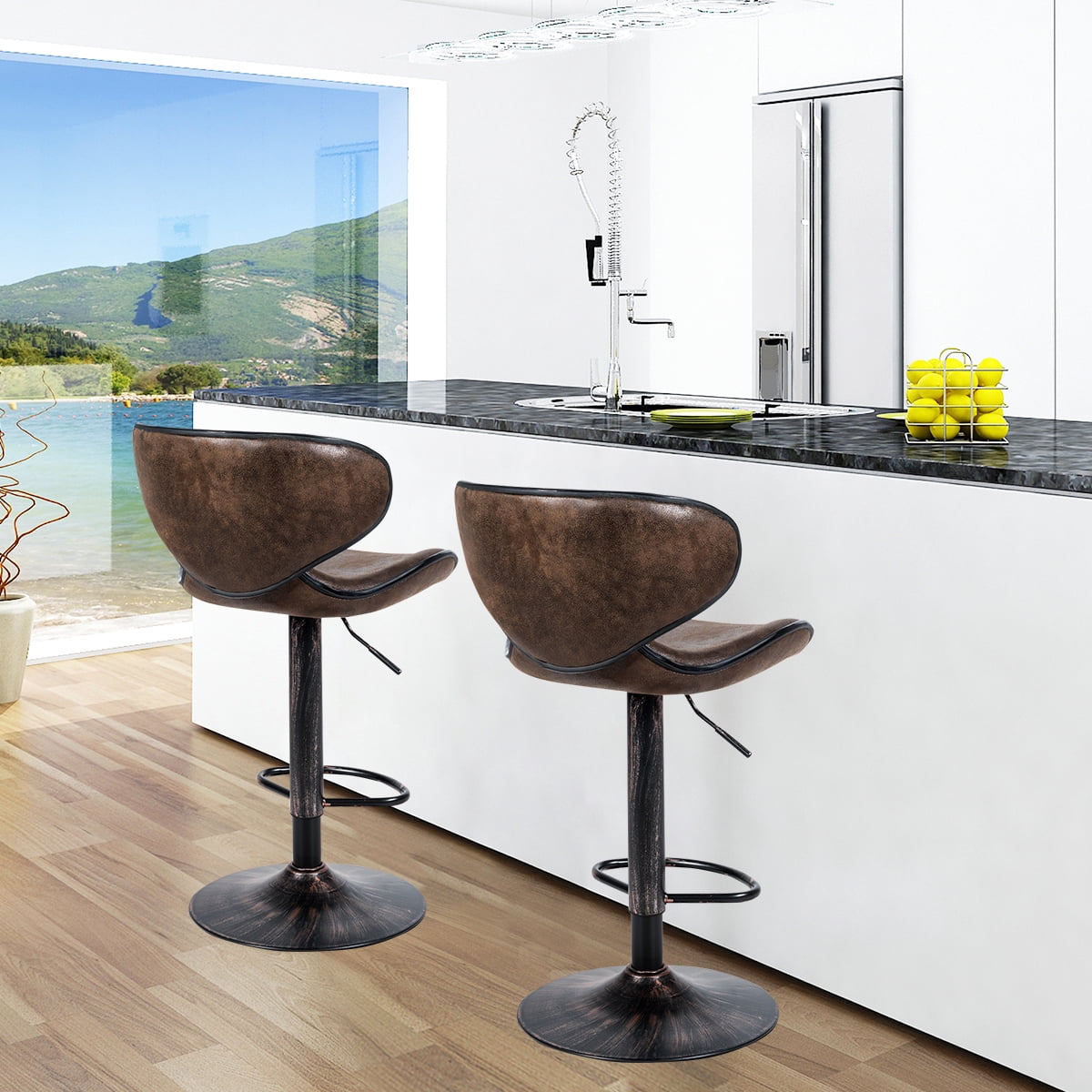 Costway Set of 2 Adjustable Bar Stools Swivel Bar Chairs with Back&Footrest Retro Brown - Image 3