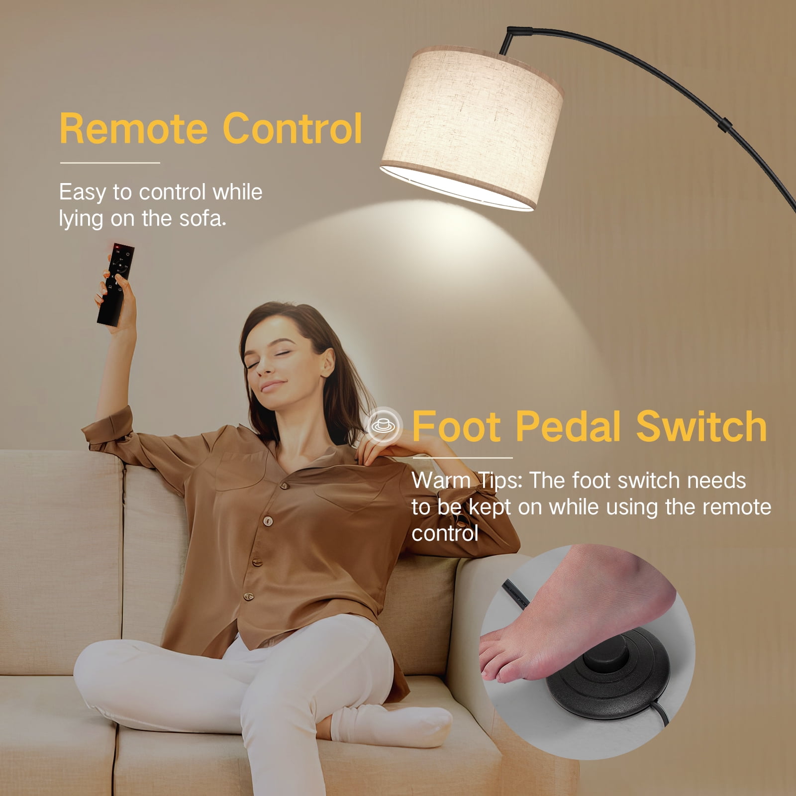 OUTON 81" Arc Floor Lamp with Remote for Living Room, LED Dimmable Modern Standing Lamps with 4 Color Temperatures, Adjustable Linen Shade, Tall Light for Bedroom (Black+Beige Shade) - Image 3