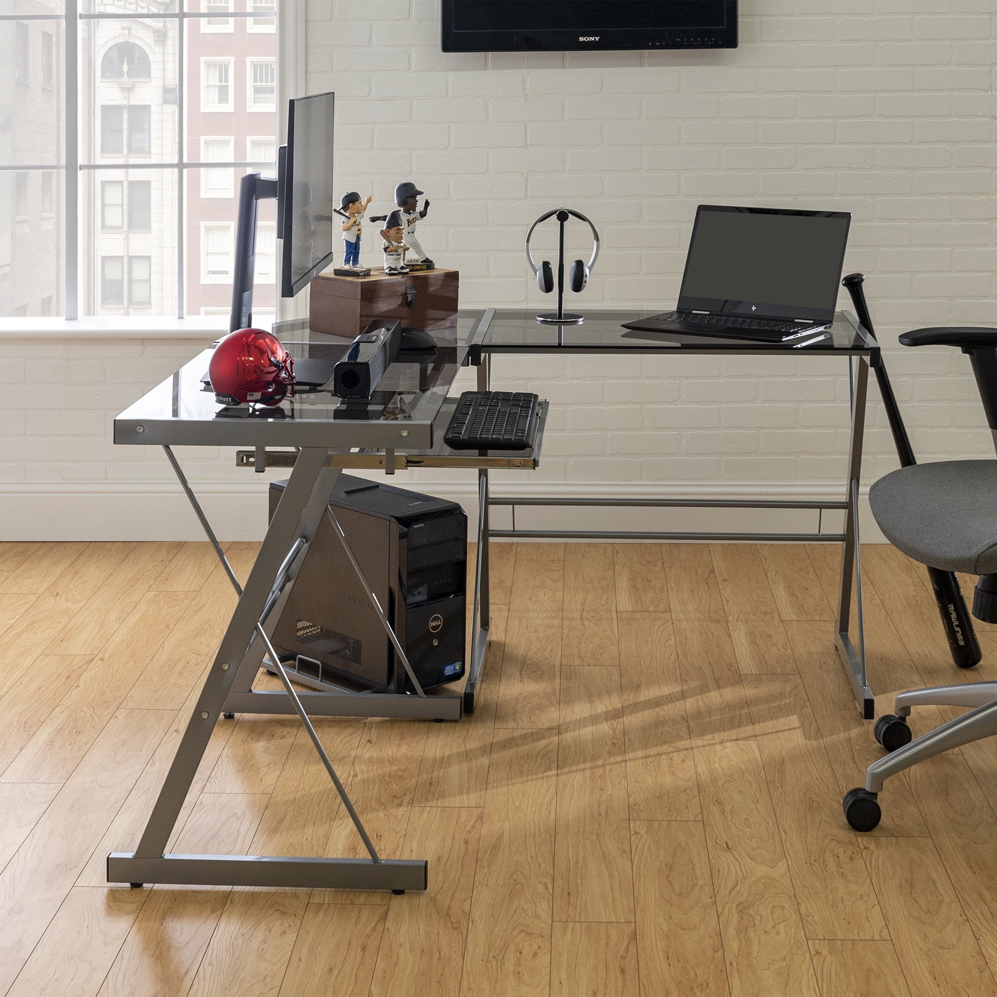 Modern Glass and Metal Smoke L-Shaped Corner Computer Desk by Manor Park - Image 4