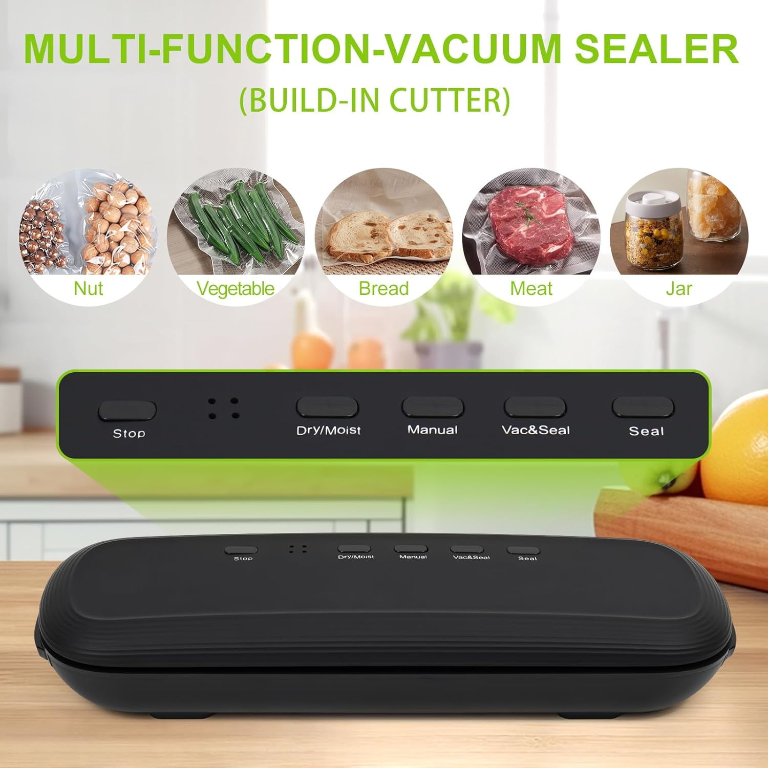 Rongsi Vacuum Sealer Machine, Food Vacuum Sealer Machine with Build-in Cutter, Compact Design with External Vacuum System with 15 Seal Bags Kit, Dry Moist Fresh Modes (Black) - Image 6