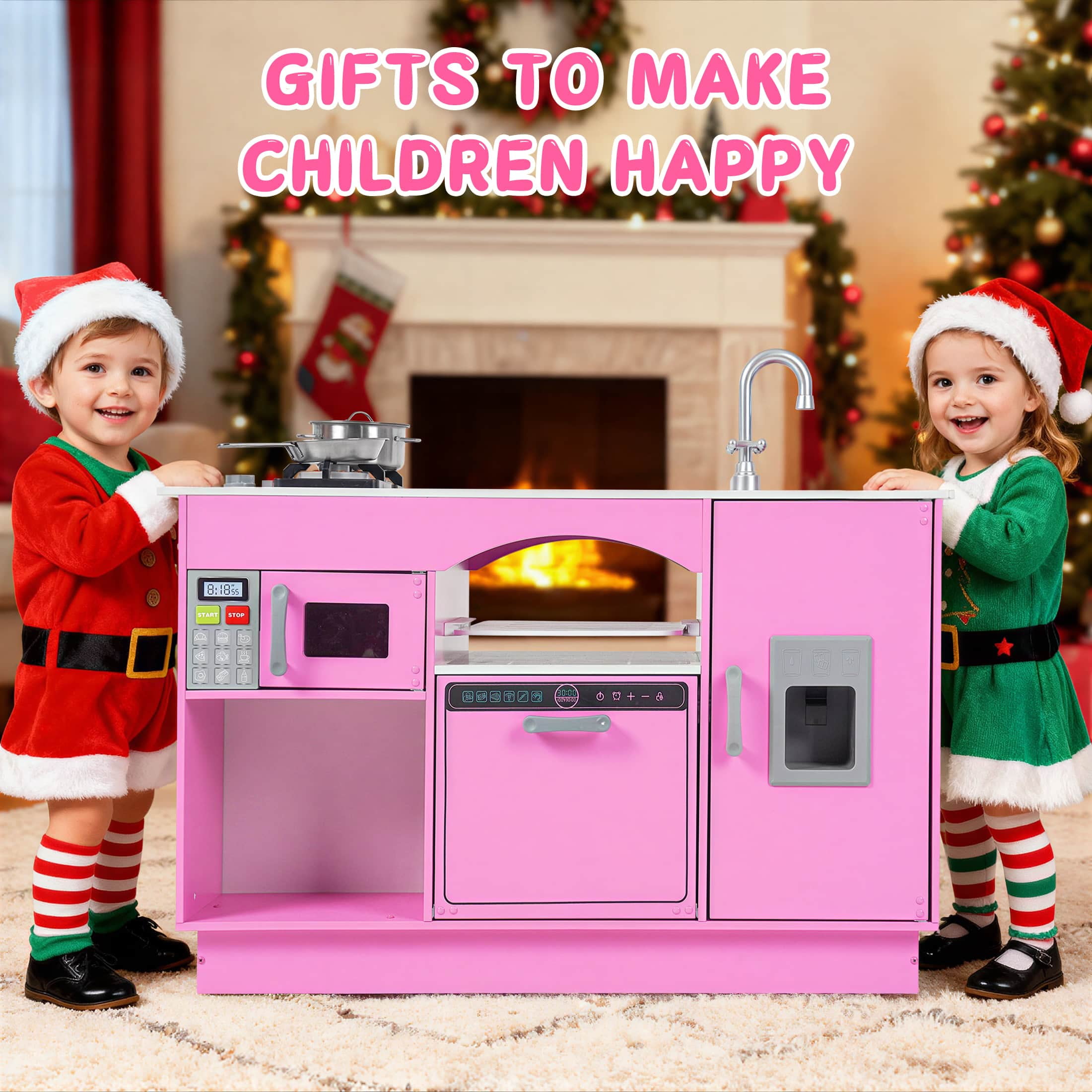 COCLUB Modern Wooden Play Kitchen Island for Kids, Pretend Play Center w/ Electronic Light & Sound Effects, Kids Kitchen Playset | Microwave, Washer, Ice Maker, Chalkboard & Accessories Included - Image 9